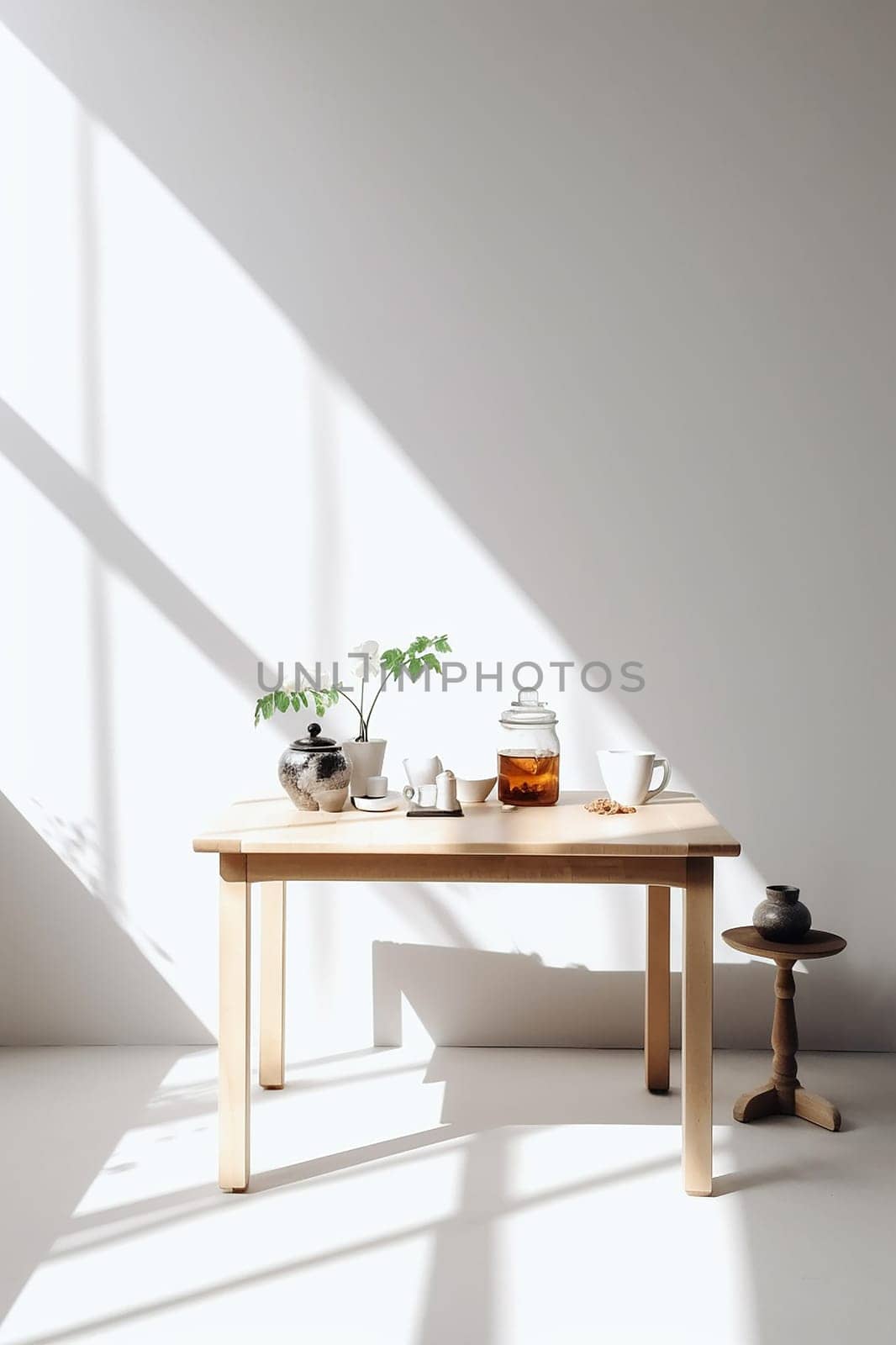A minimalist tea setup on a wooden table with sunlight casting shadows.