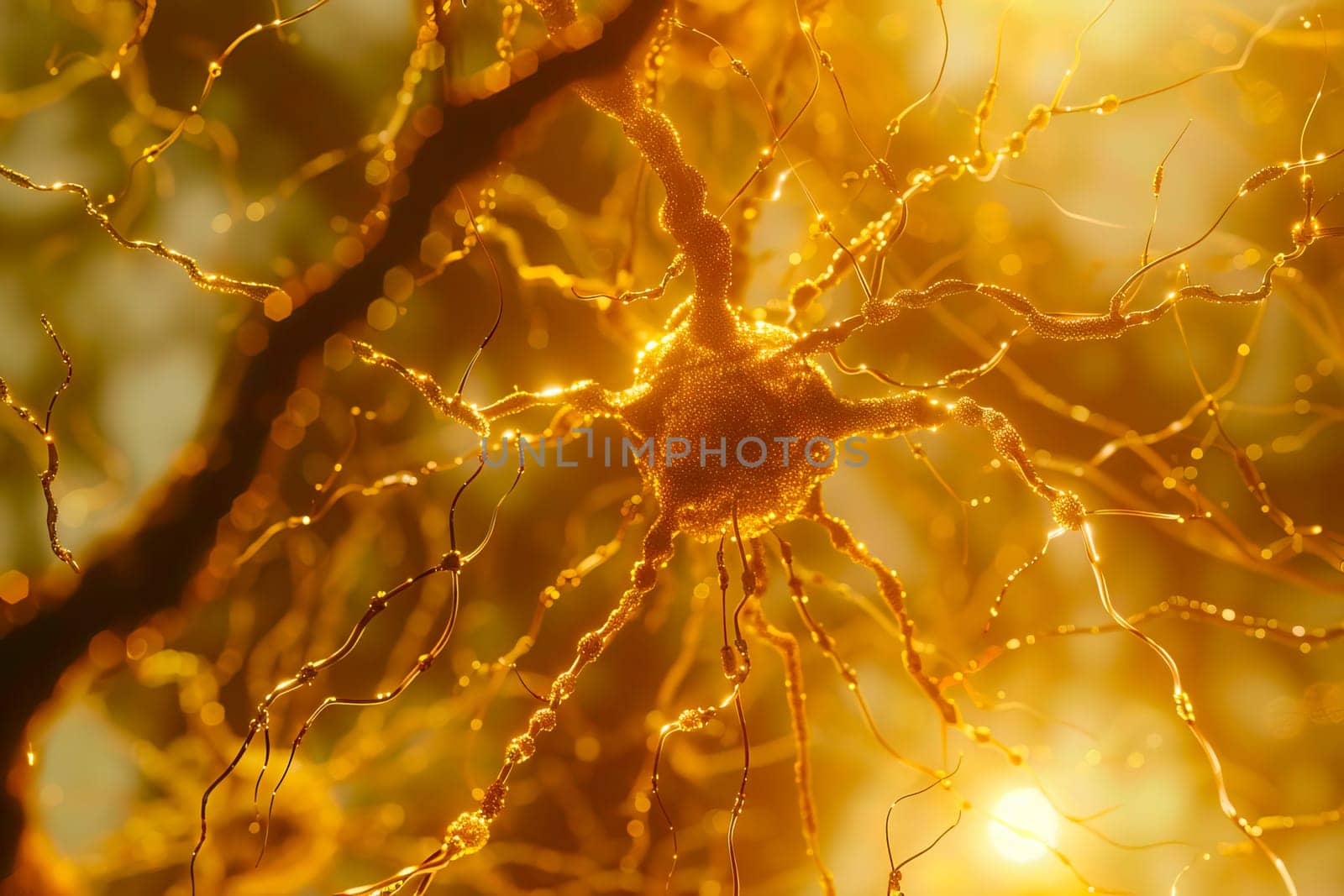 Neurons connecting through synapses with bursts of electrical activity.