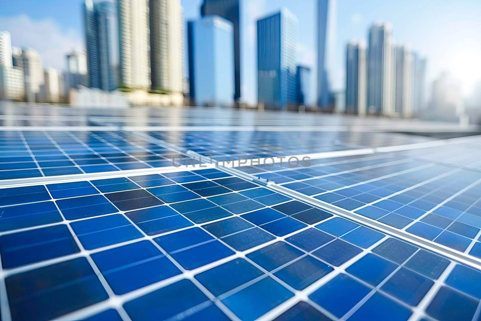 Detailed view of tiled surface with urban buildings in the backdrop.