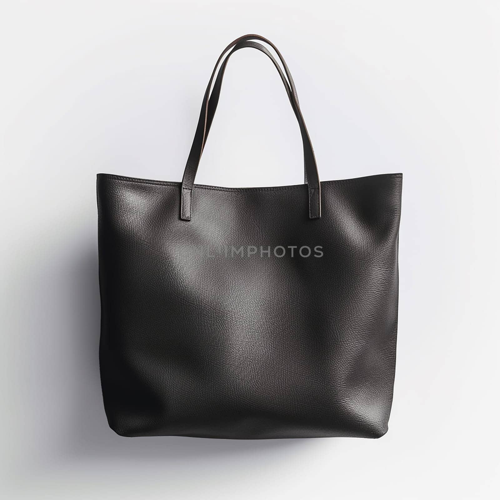 Black leather tote bag isolated on white background.