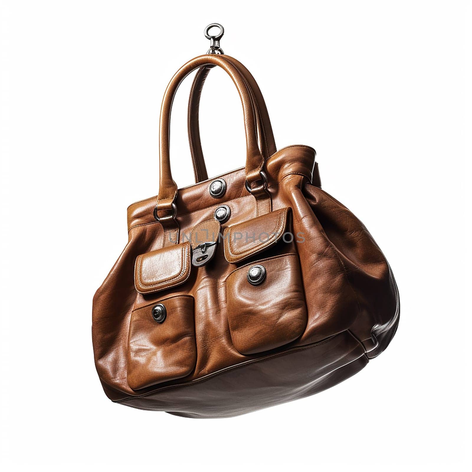 Elegant brown leather handbag with multiple pockets and silver accents.