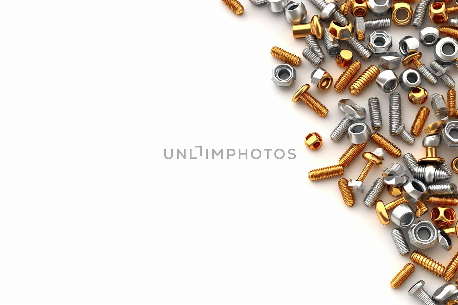 Assorted screws, bolts, and nuts spread diagonally on a white background.