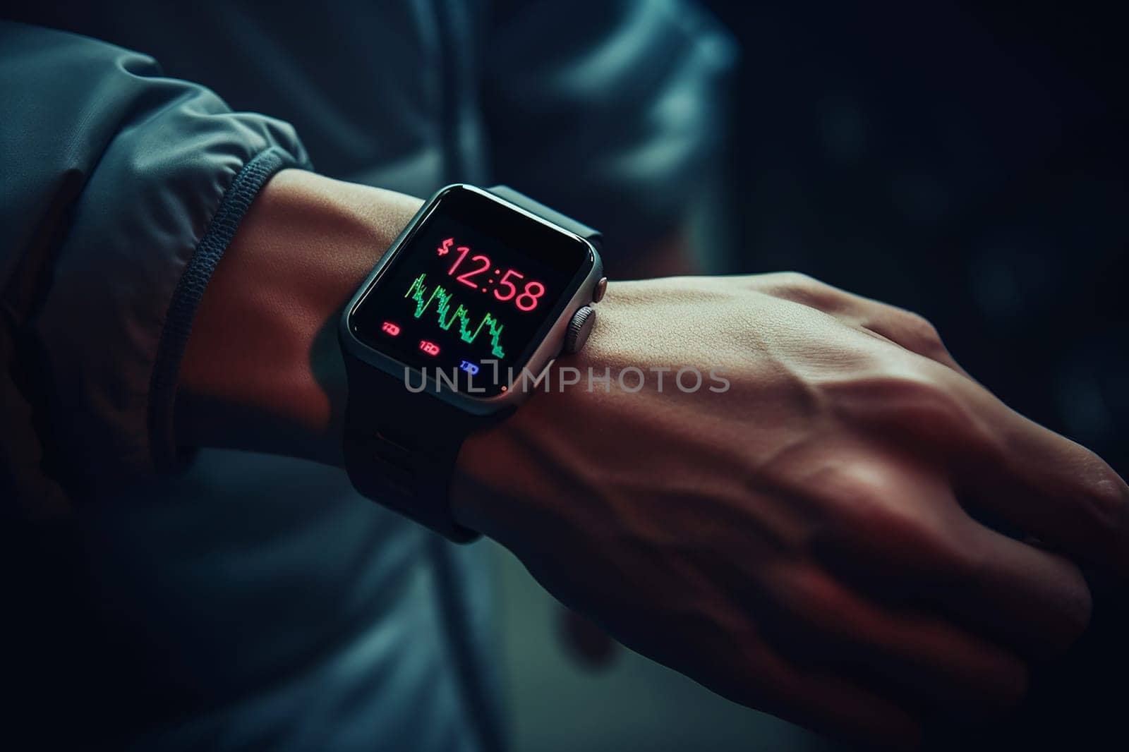 A close-up of a smartwatch on a wrist displaying time and heart rate.