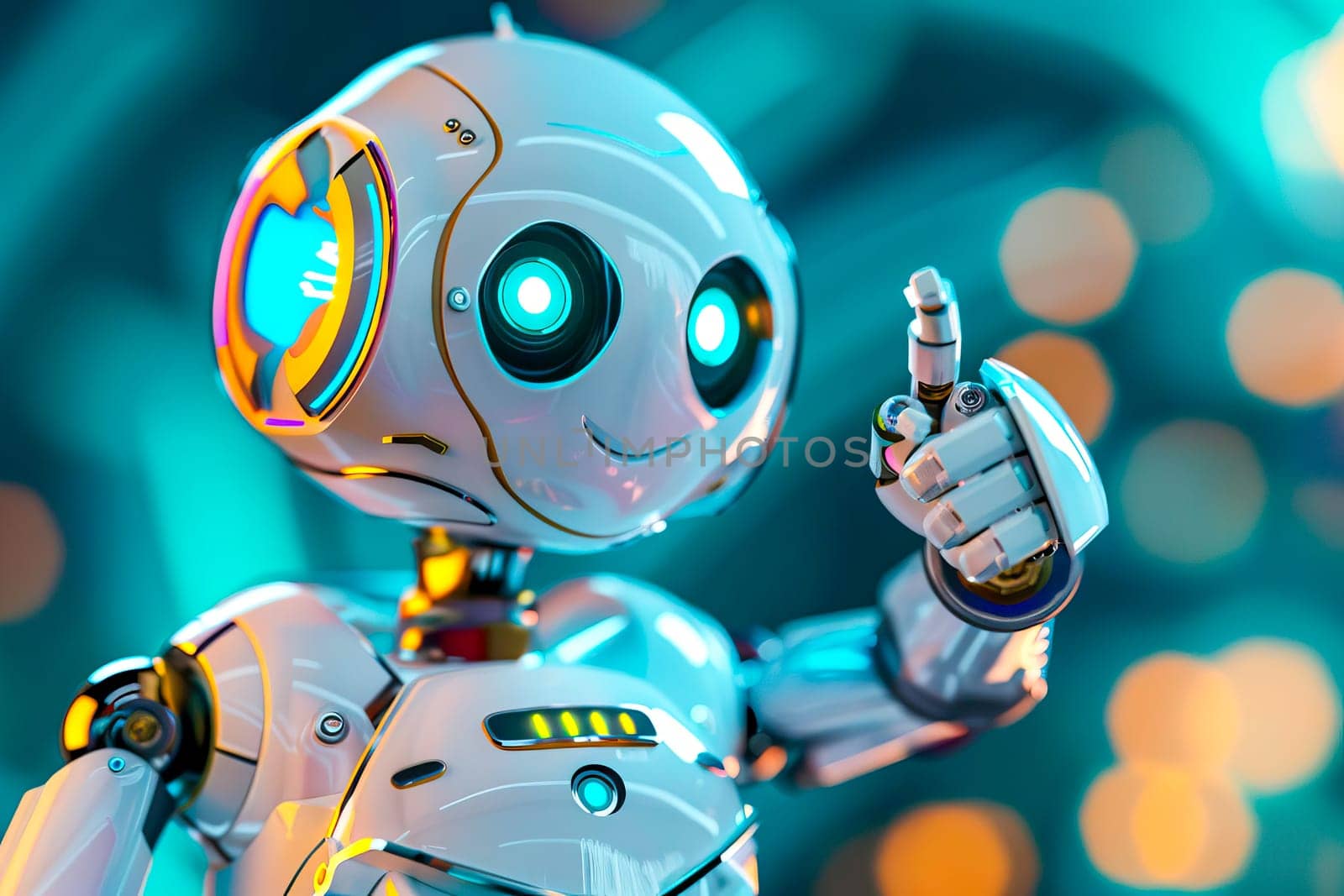 A cute robot is pointing at something