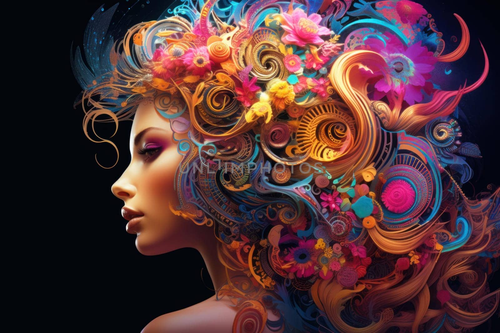 Radiant Psychedelic elegance woman with makeup. Generate ai by ylivdesign