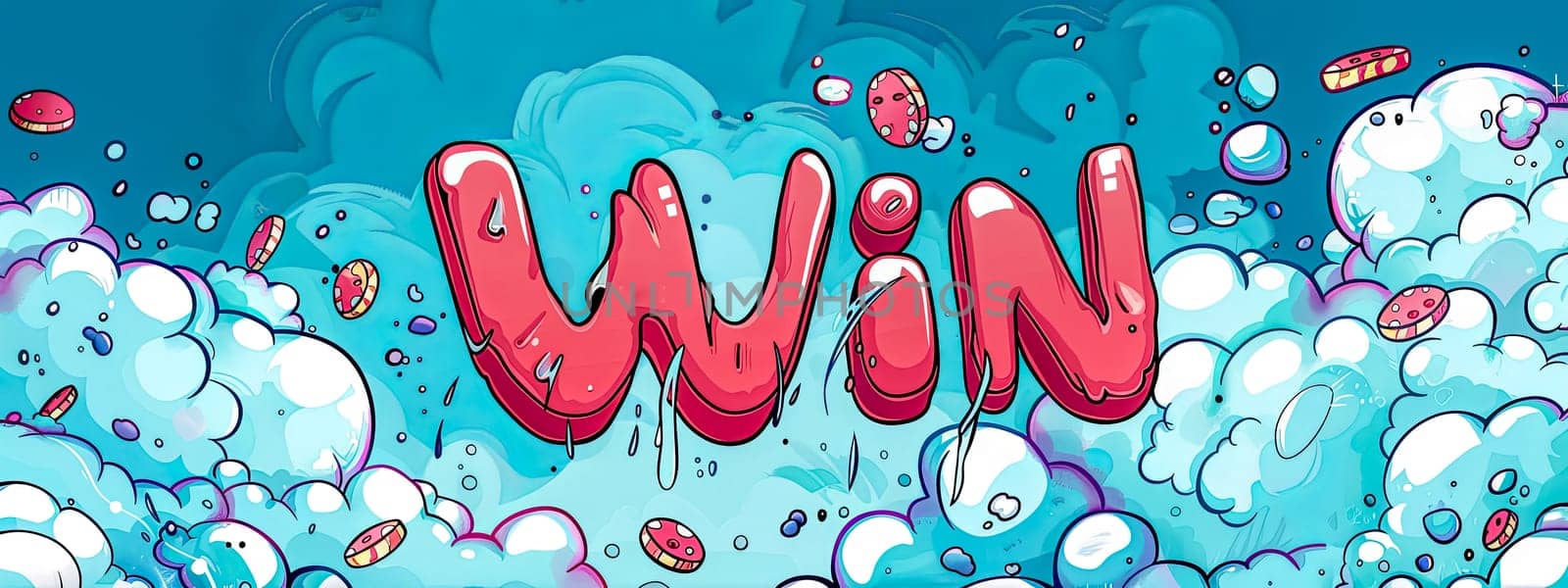 Vibrant and colorful comic style win celebration concept with playful and bold text. Graphics. And illustration. Depicting the excitement and joy of success and achievement in a fun and energetic game