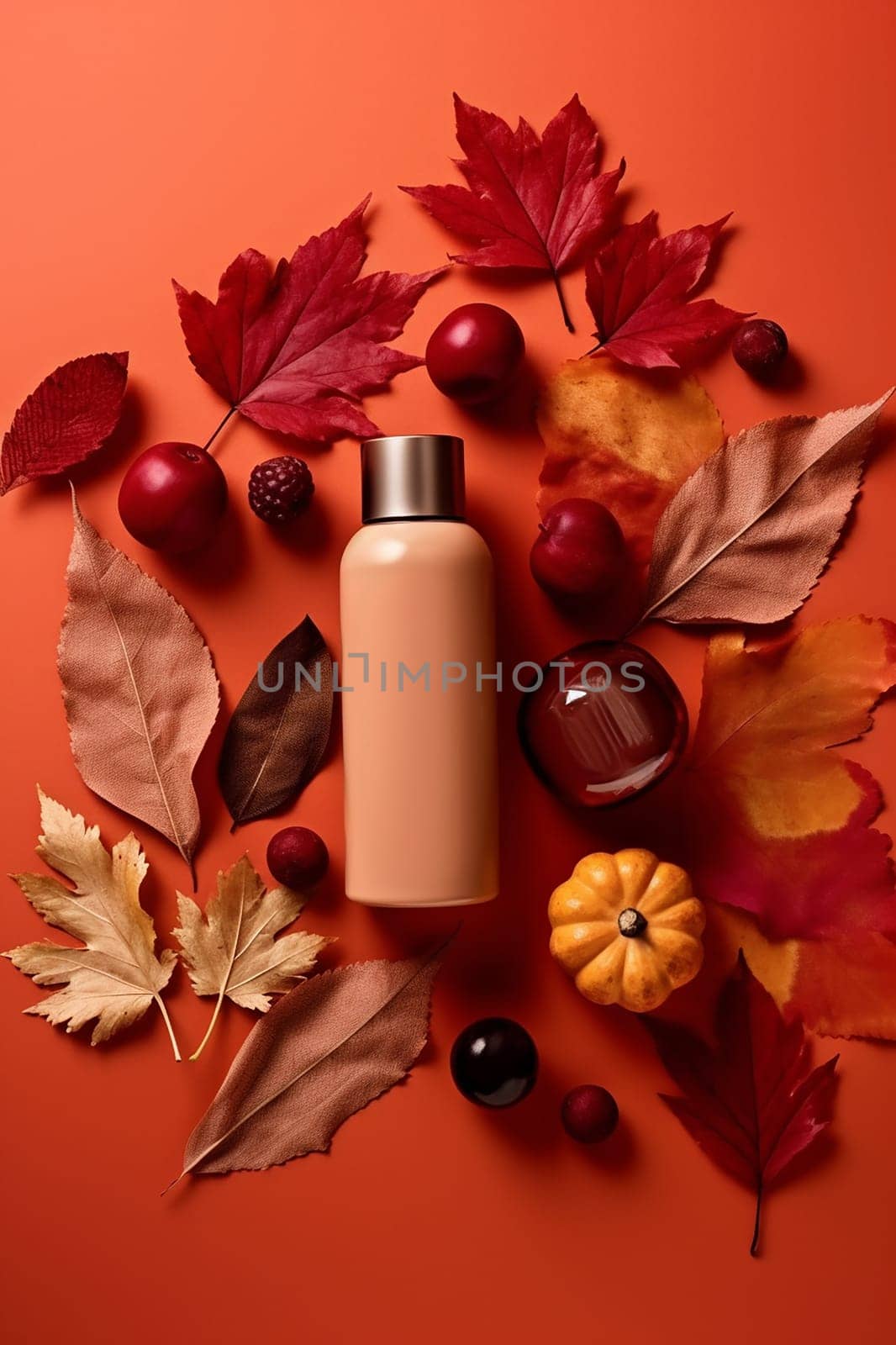 Cosmetic bottle surrounded by autumn leaves and seasonal decor on orange backdrop.