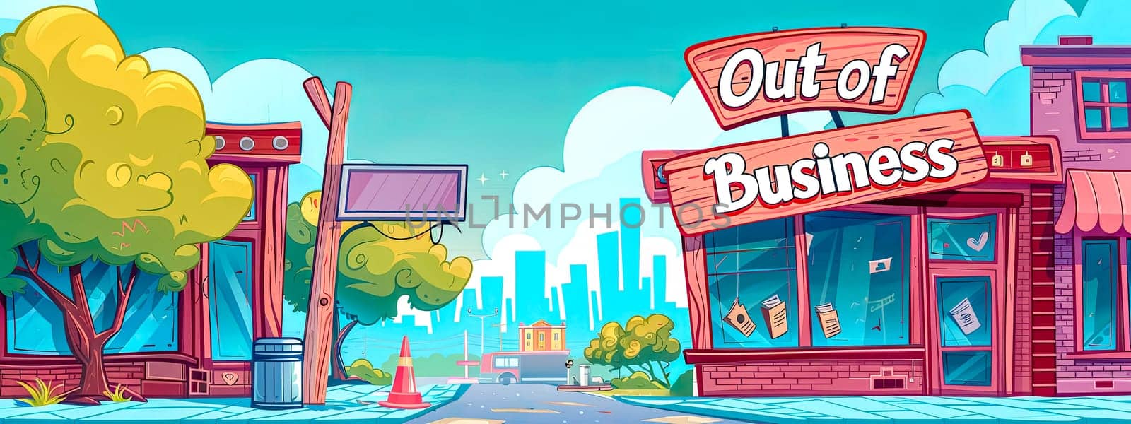 Colorful illustration of a vacant city street with 'out of business' signs and unoccupied ad spaces