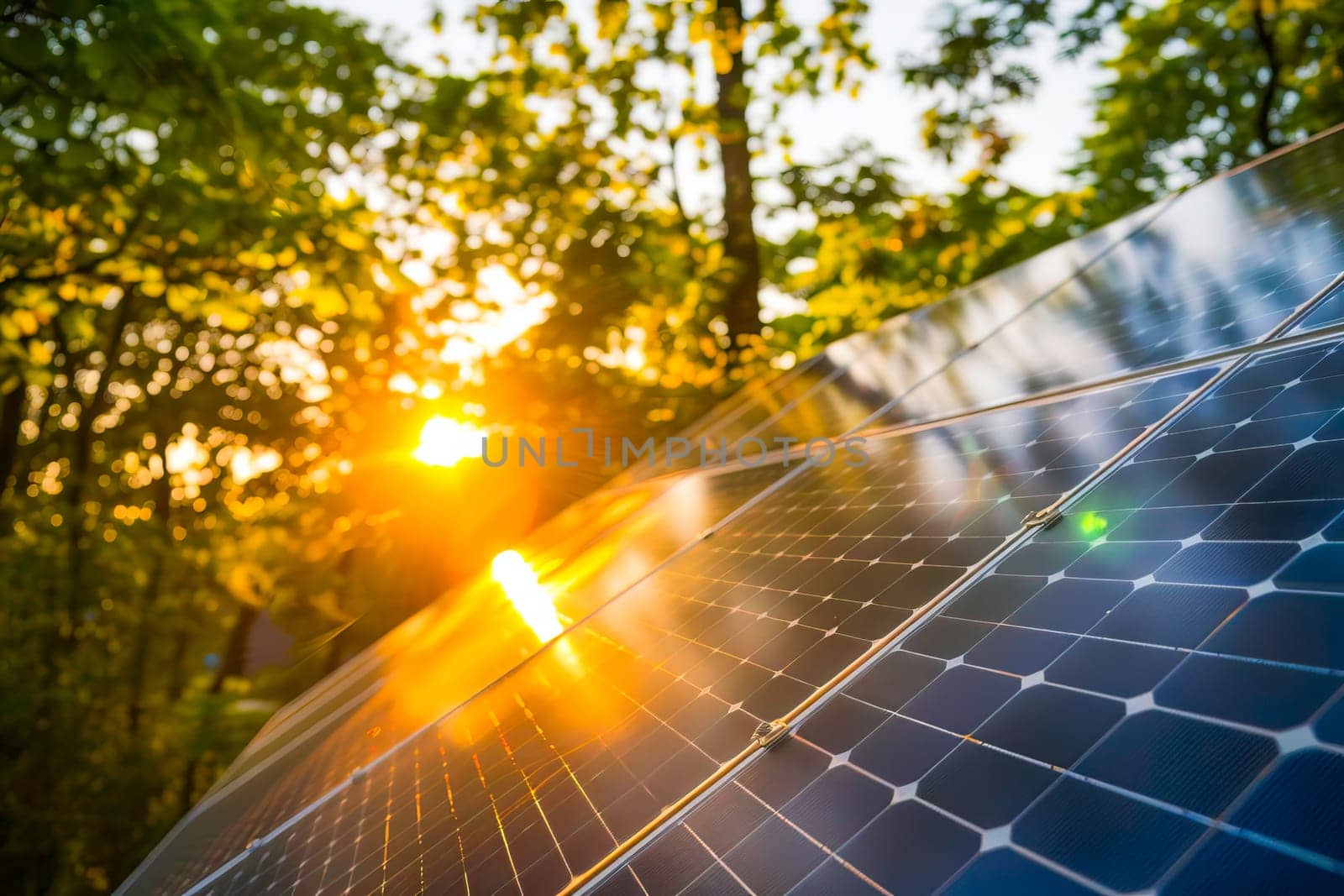 Sunlight shining through a solar panel surrounded by green trees.