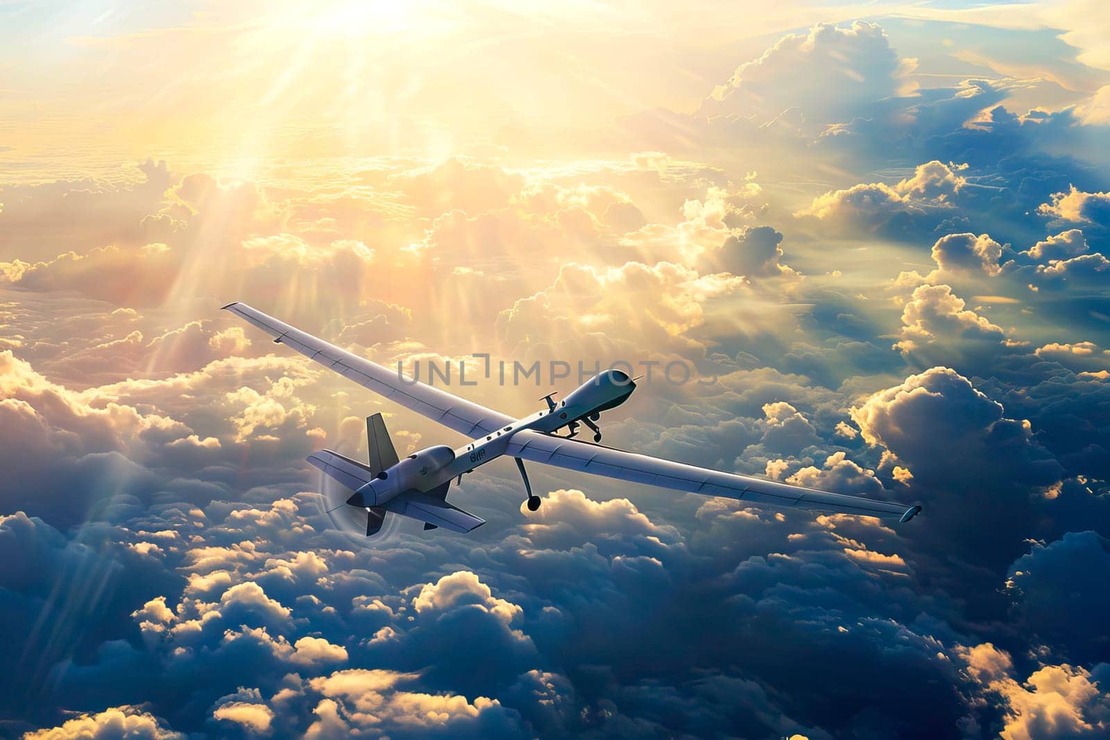 A military unmanned aerial vehicle soaring in the sky high above the clouds.