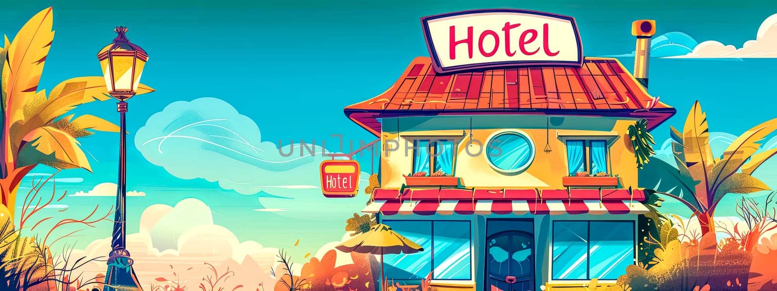 Vibrant illustrated hotel facade with tropical foliage and sunset sky in a cartoon style