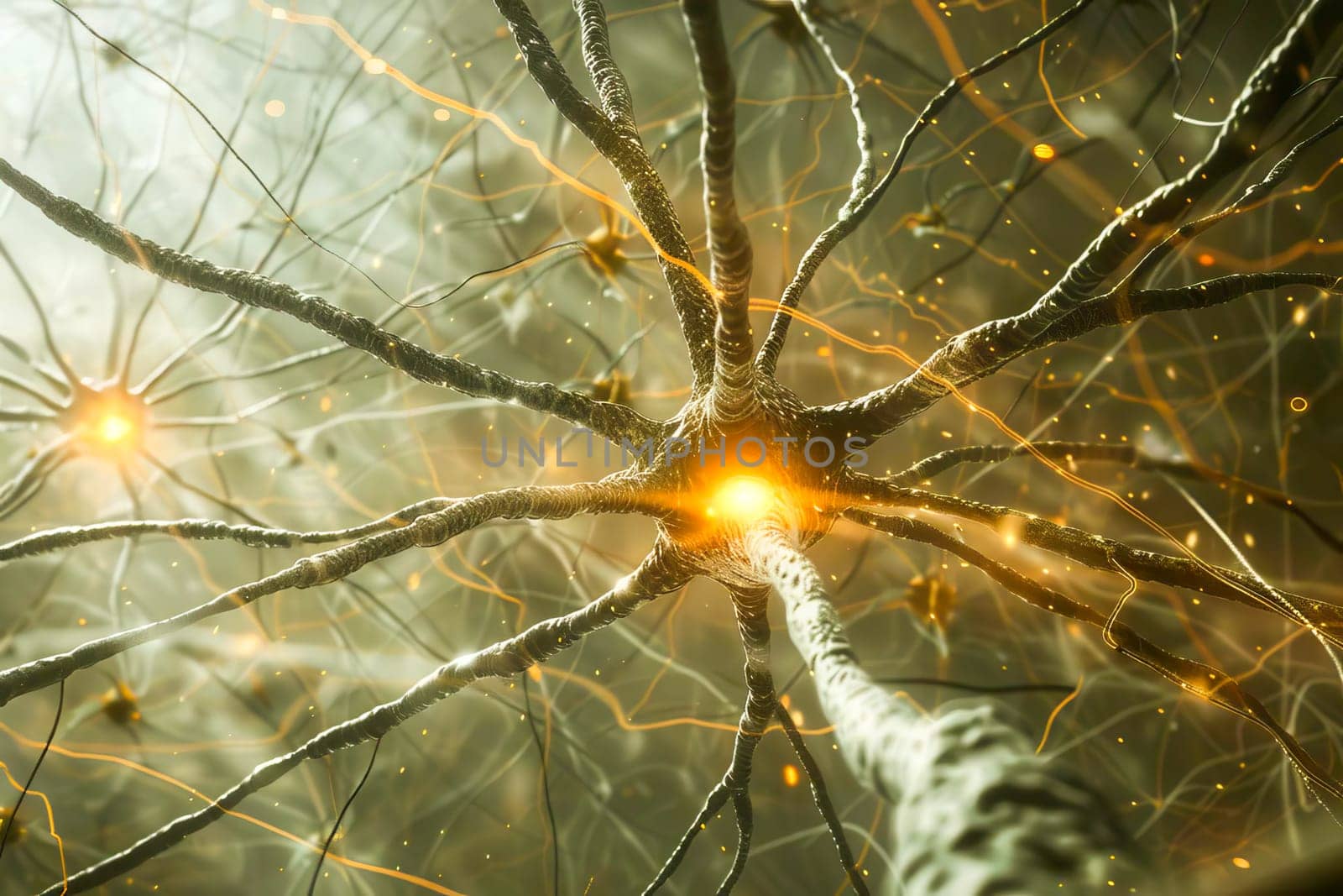 Neurons interconnect with bright signals representing brain activity.