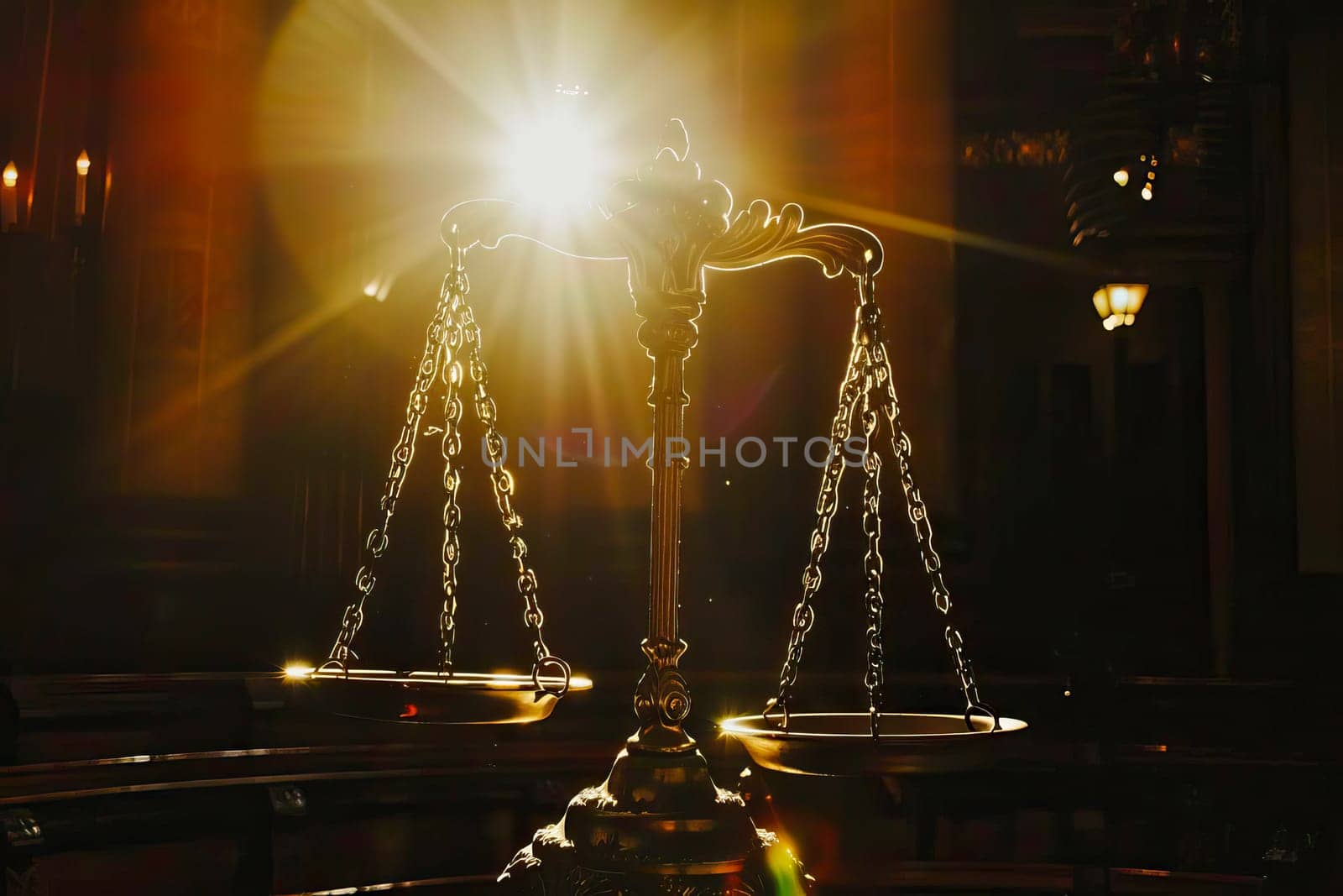 Scales of Justice in a dark Court Hall
