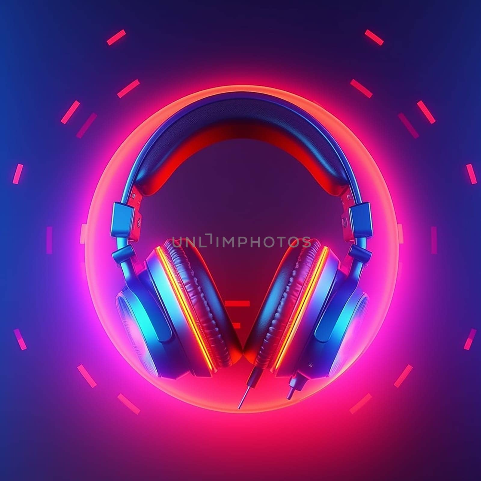 Vibrant neon-lit headphones against a blue and purple gradient backdrop