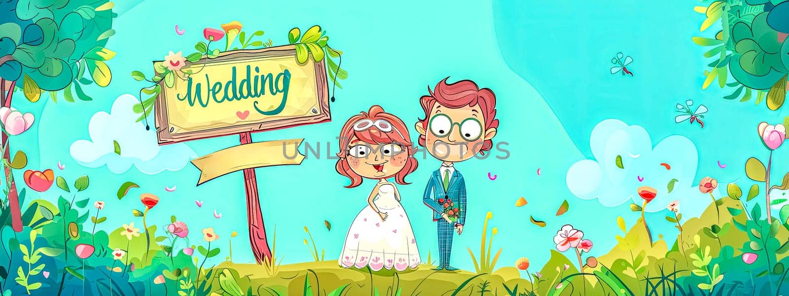 Colorful cartoon of a cute couple on their wedding day, standing in a vibrant, floral scene with a sign by Edophoto