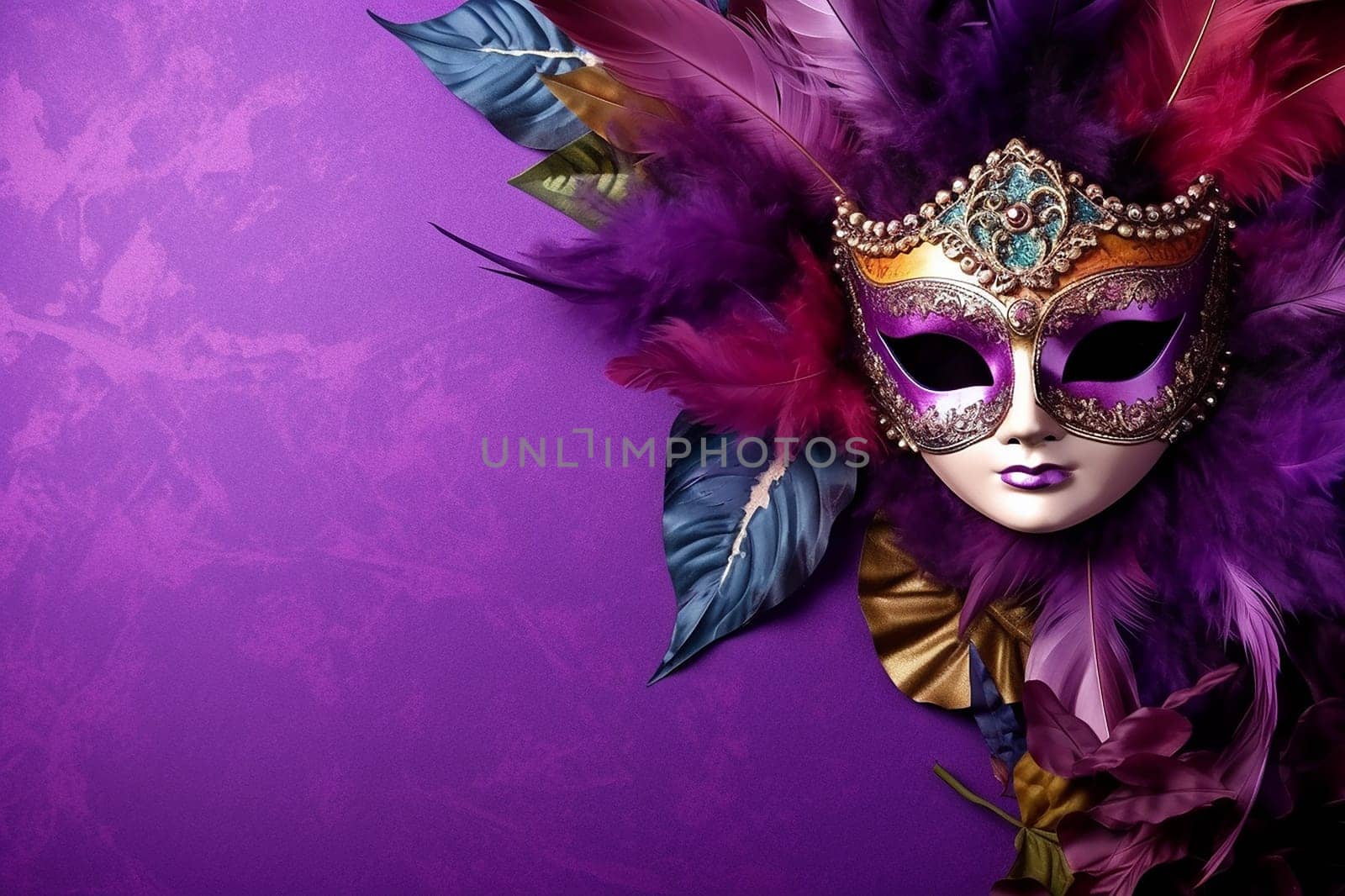 Elegant masquerade mask adorned with feathers and gemstones on purple background.