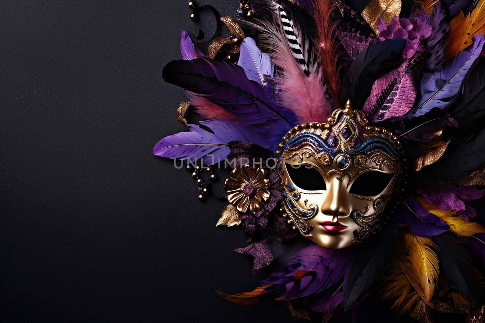 Elegant Venetian mask adorned with colorful feathers and intricate details.