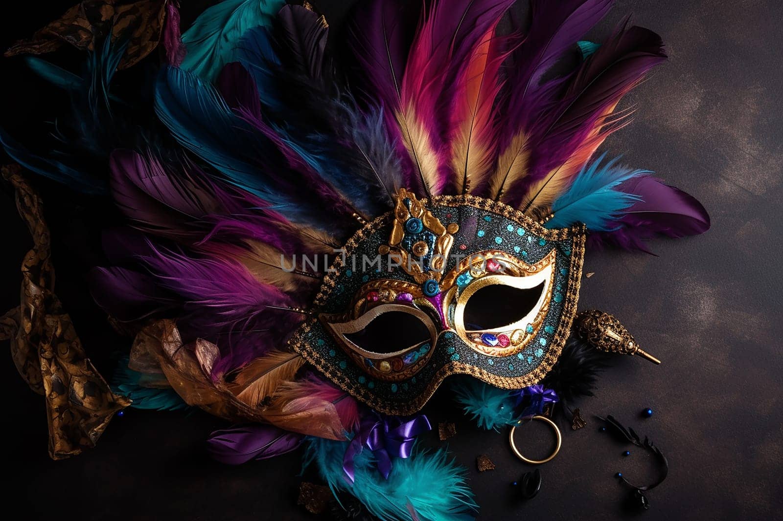 A vibrant masquerade mask adorned with colorful feathers and jewels.