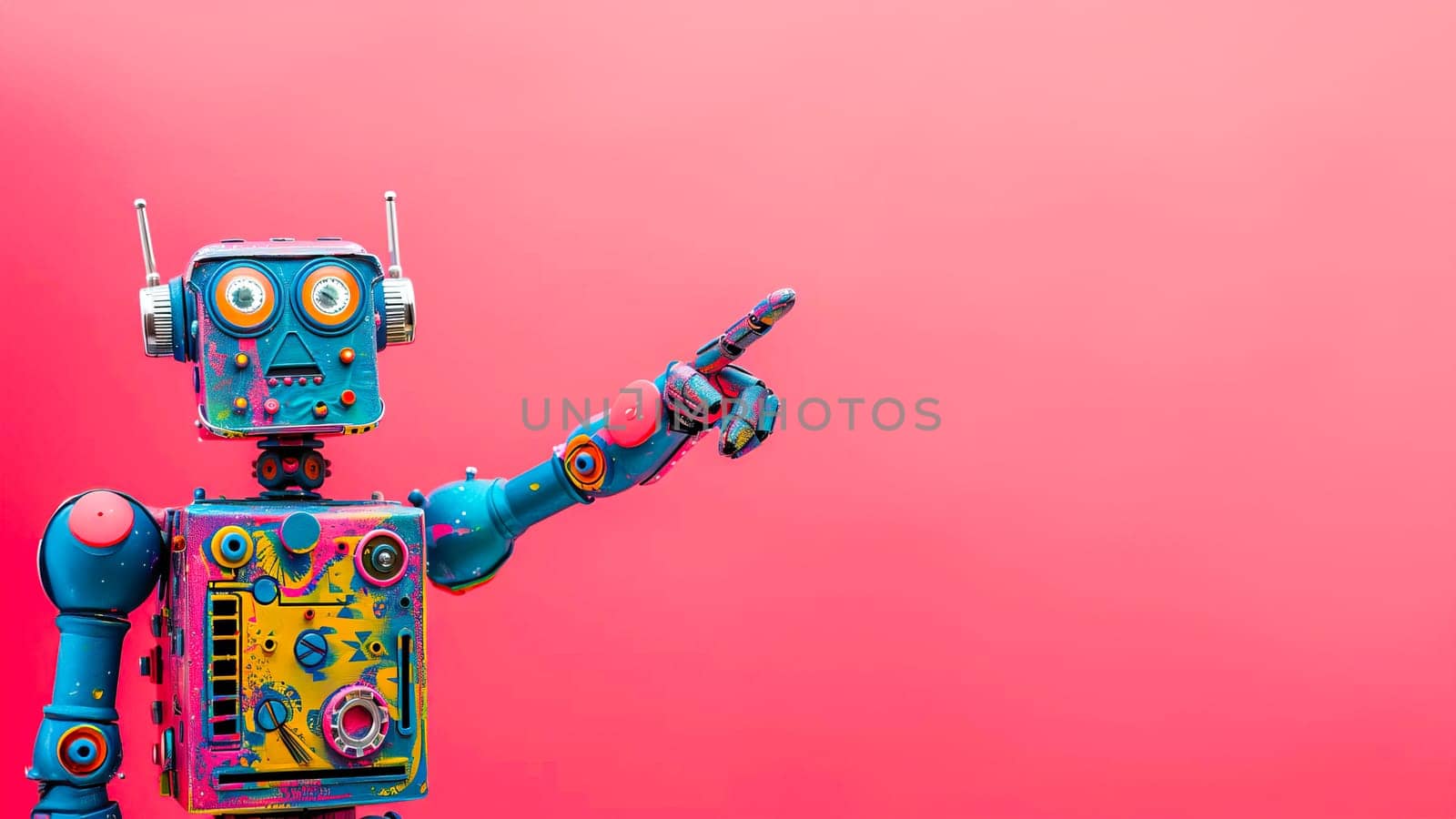 Cute blue robot pointing at an object on a vibrant pink background.