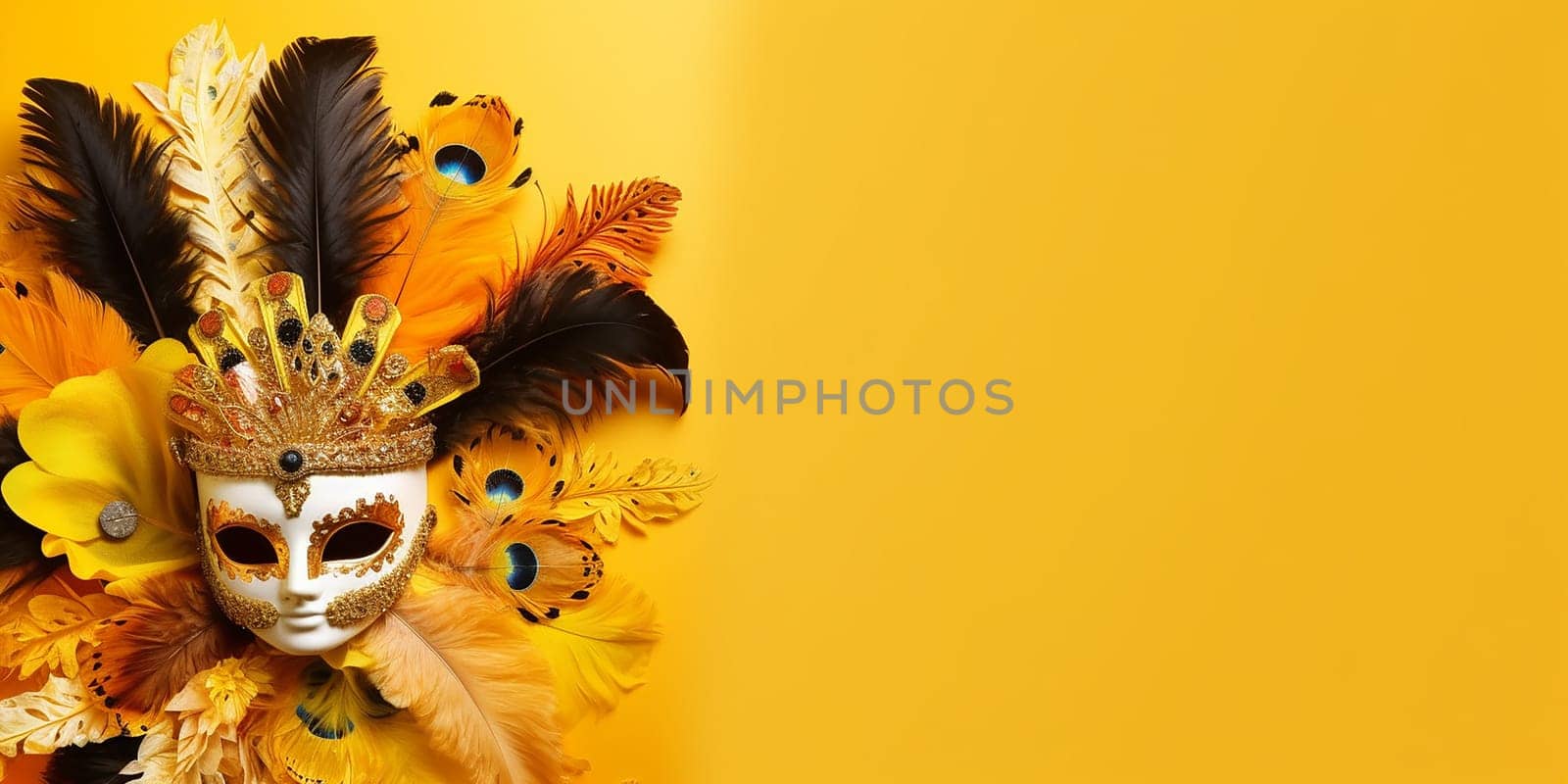 Elegant feathered mask against a vibrant yellow background.