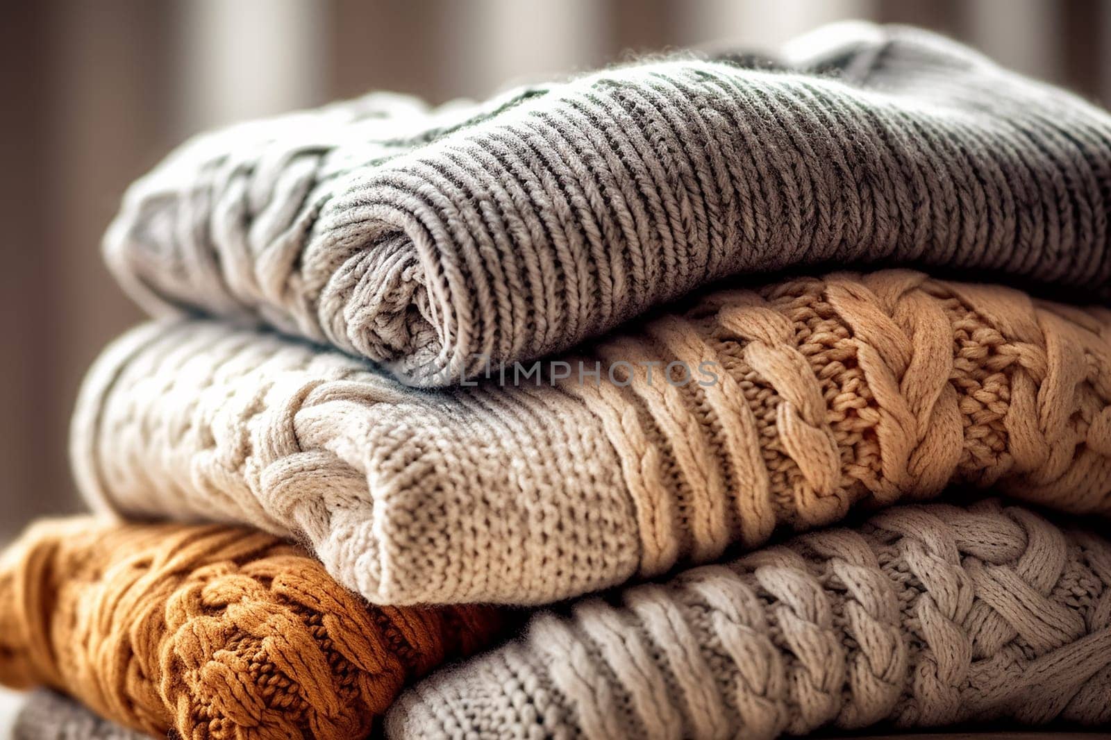 Stack of cozy knitted sweaters in various patterns.
