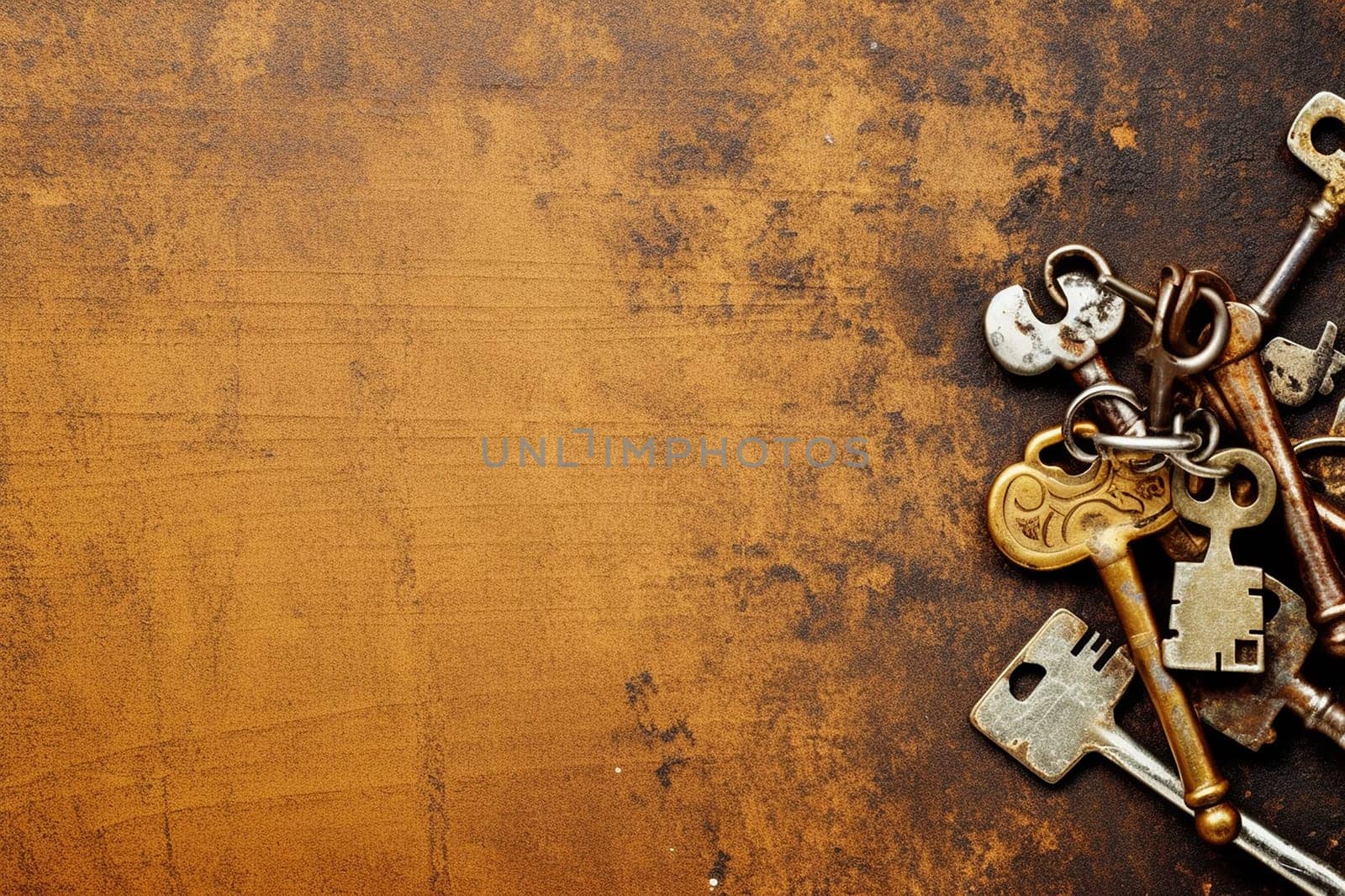 A set of antique keys on a vintage, textured brown background.