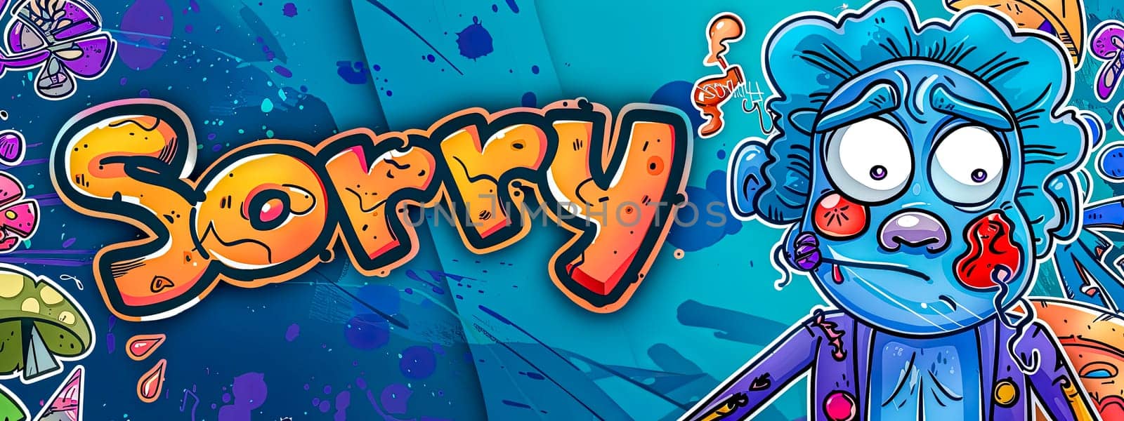 Expressive and playful colorful cartoon apology banner with vibrant and bold graffiti-style artwork and whimsical character illustration
