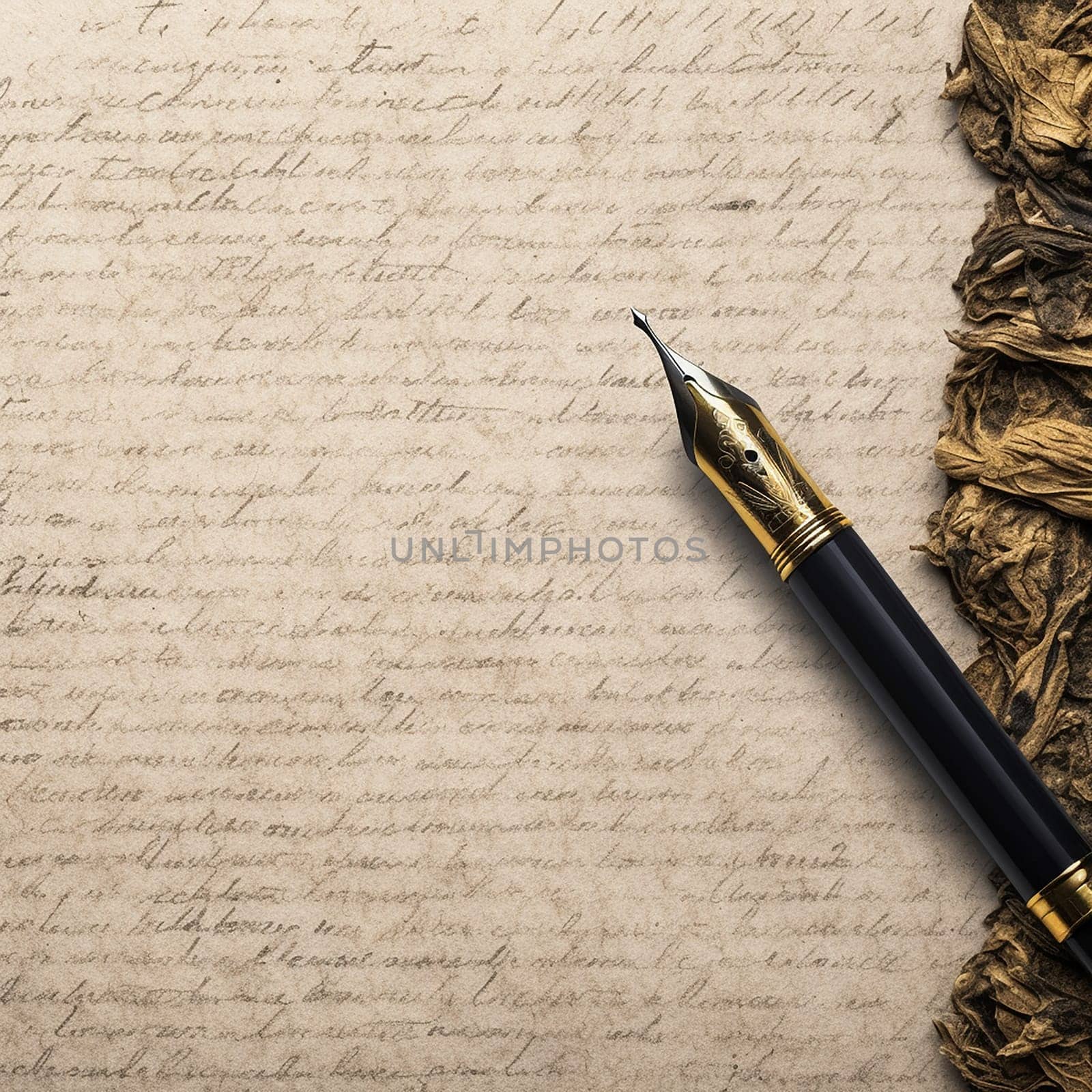 An antique fountain pen on a handwritten letter and tied scrolls.