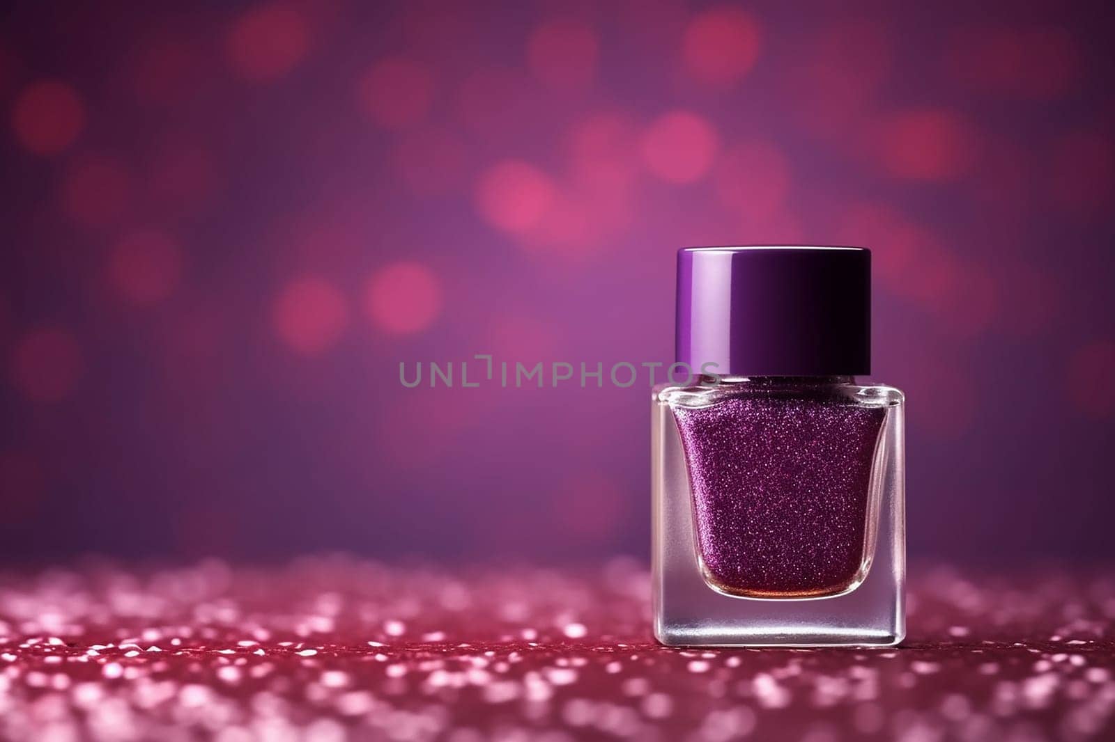Purple glitter nail polish bottle on sparkling background.