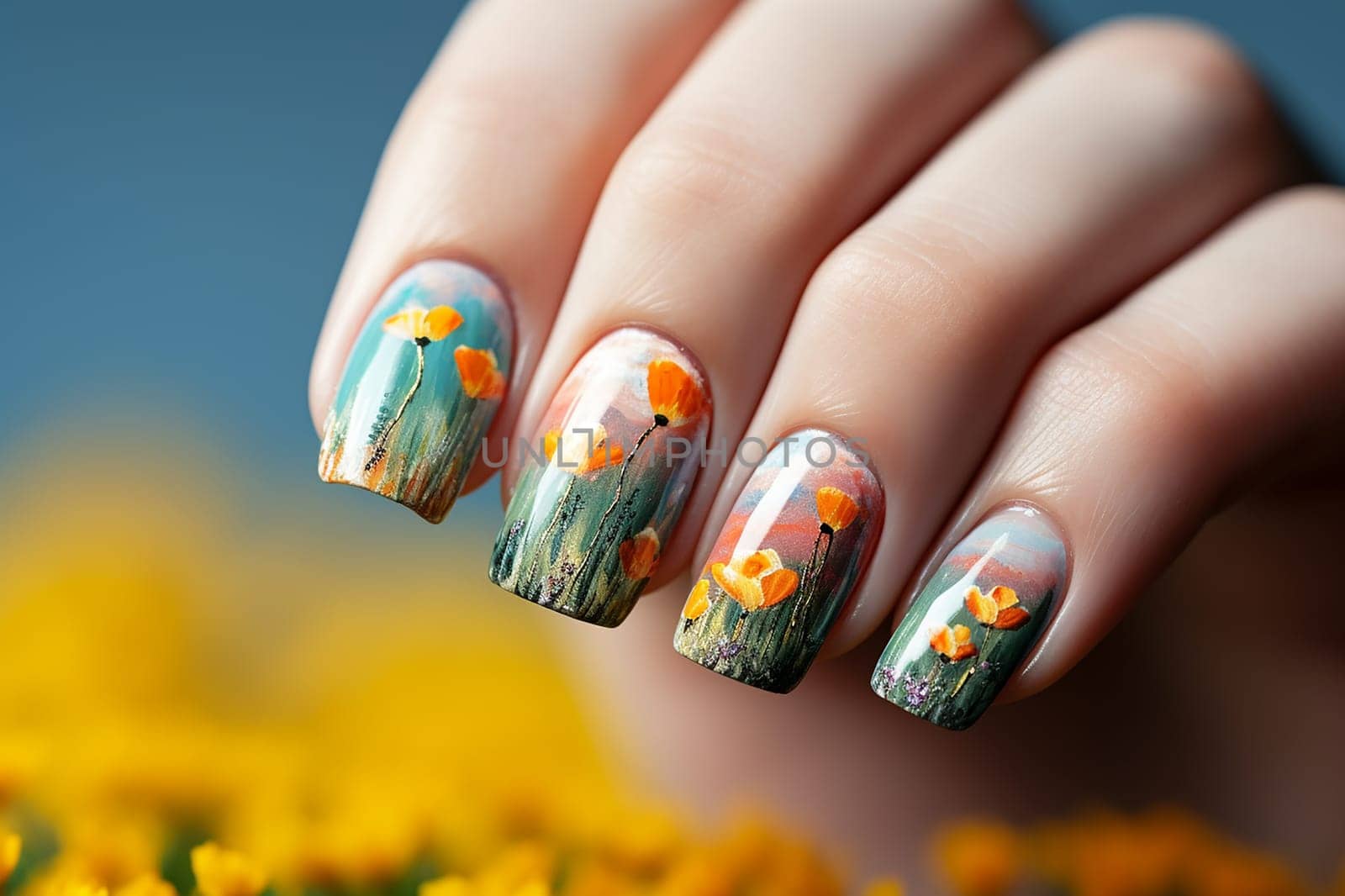 Hand with nails featuring a detailed floral art design.