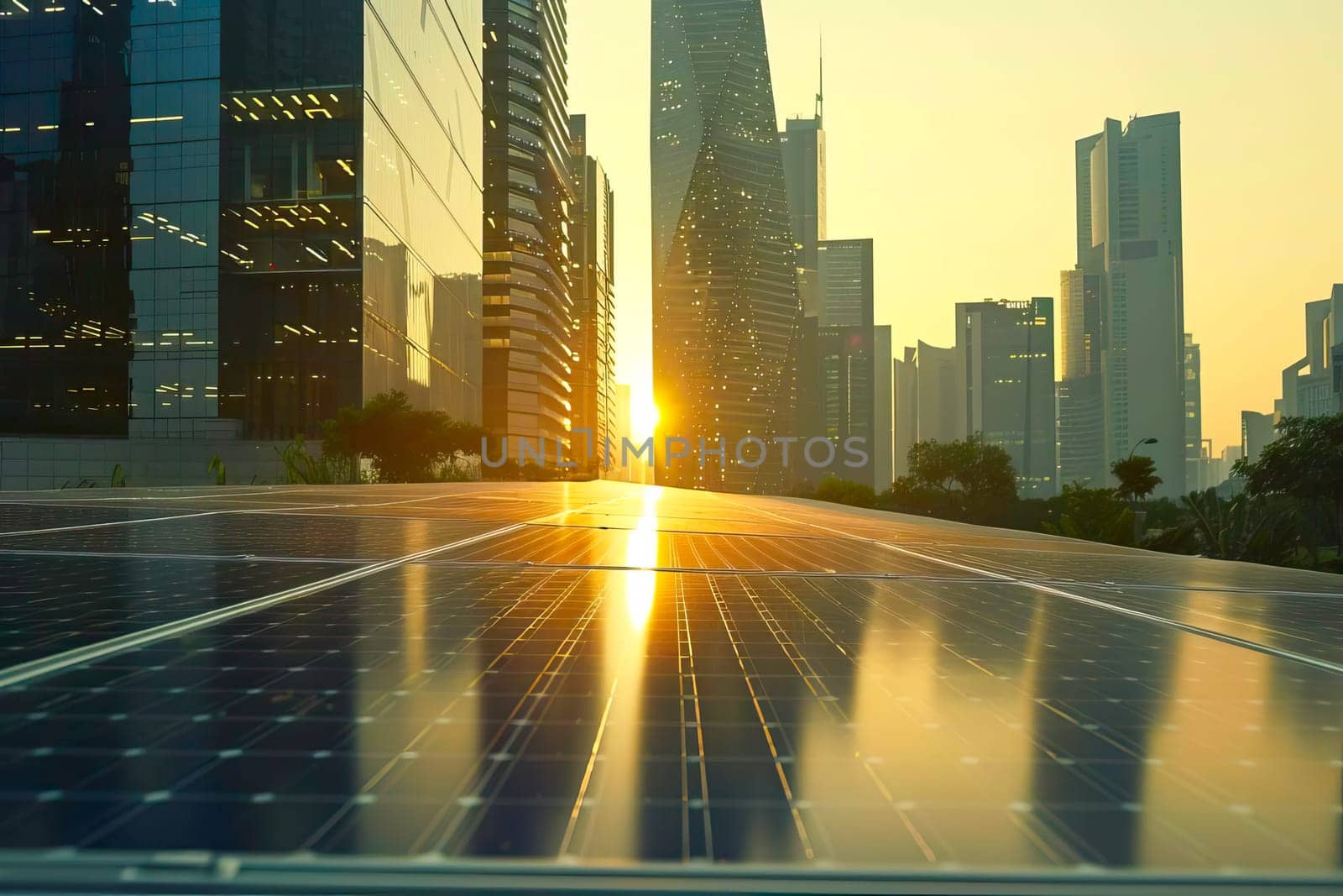 A solar panel capturing energy from the setting sun, against a modern city backdrop.