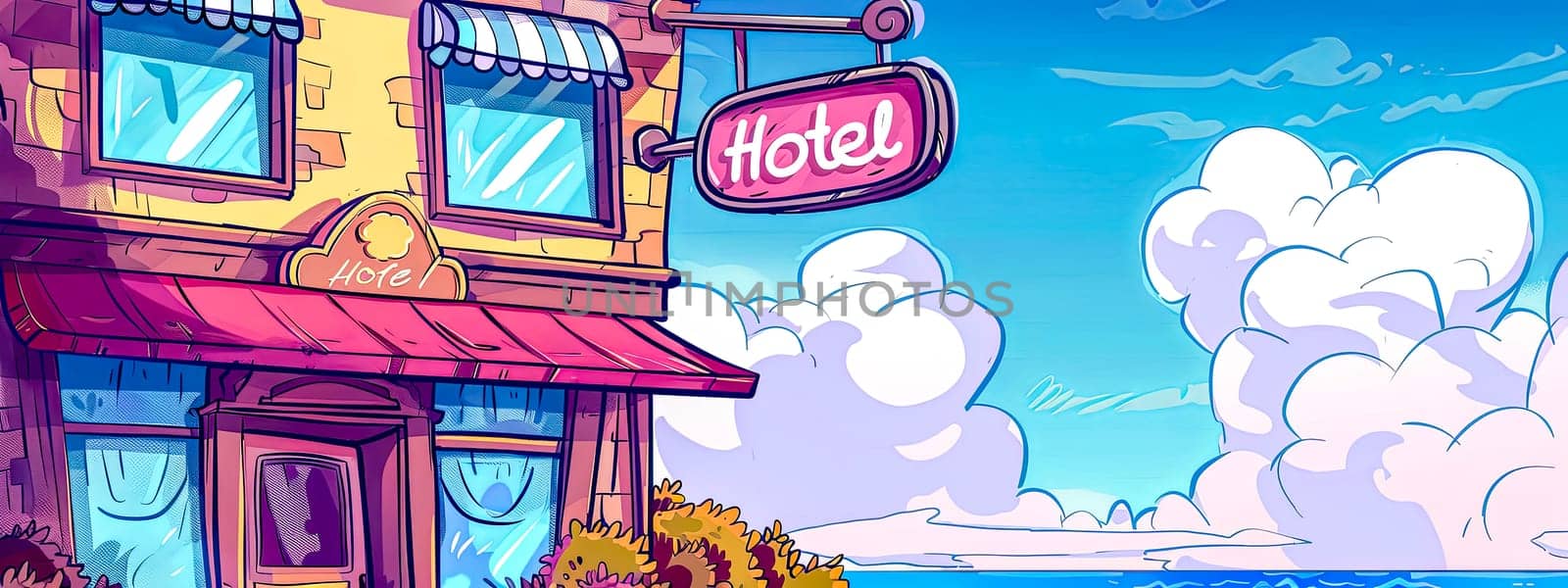 Vibrant illustration of a charming hotel with a sea view under a blue sky with fluffy clouds