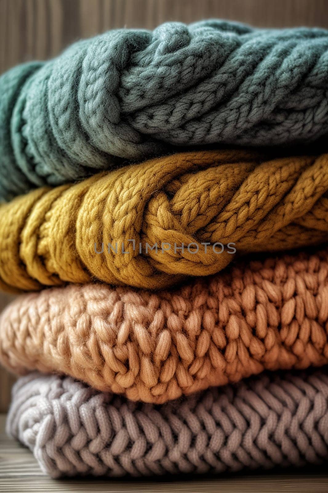 Stack of colorful knitted sweaters neatly folded.