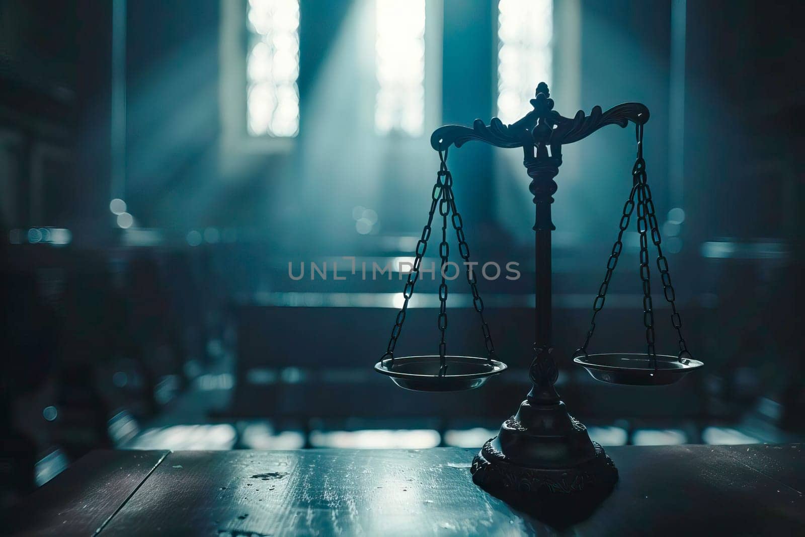 Scales of justice resting on a wooden table. by vladimka
