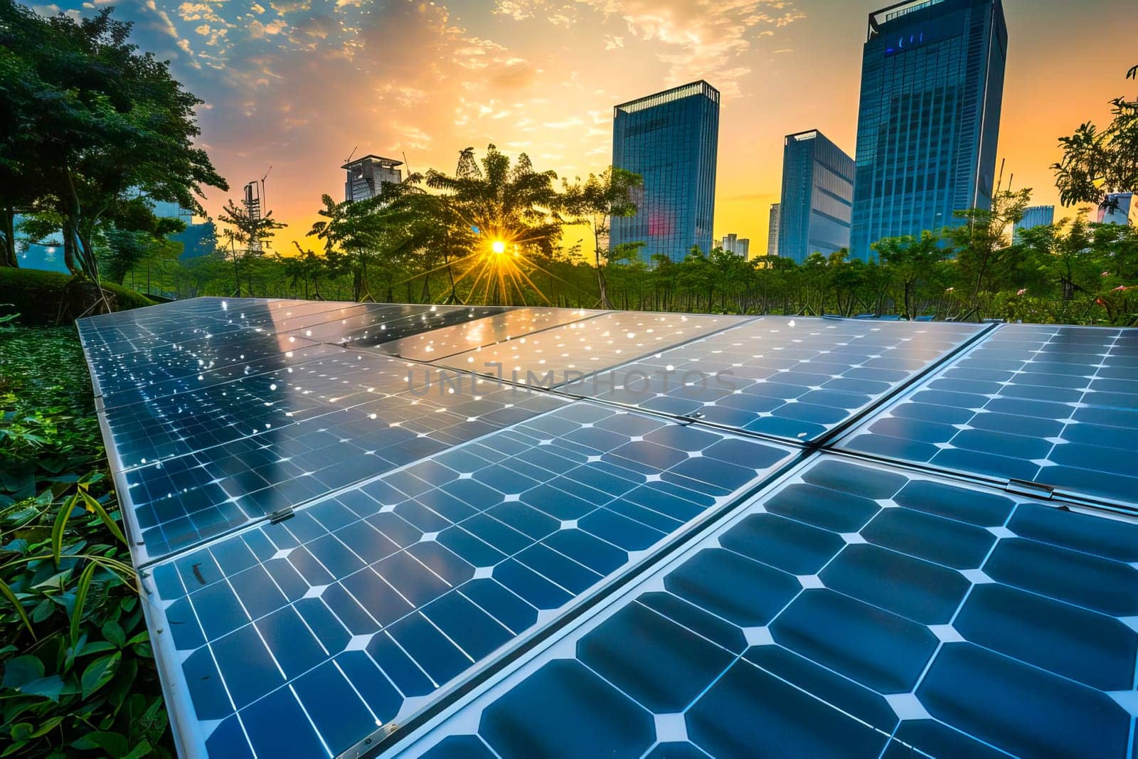 A solar panel capturing sunlight as the sun sets in the background near a modern city with skyscrapers.