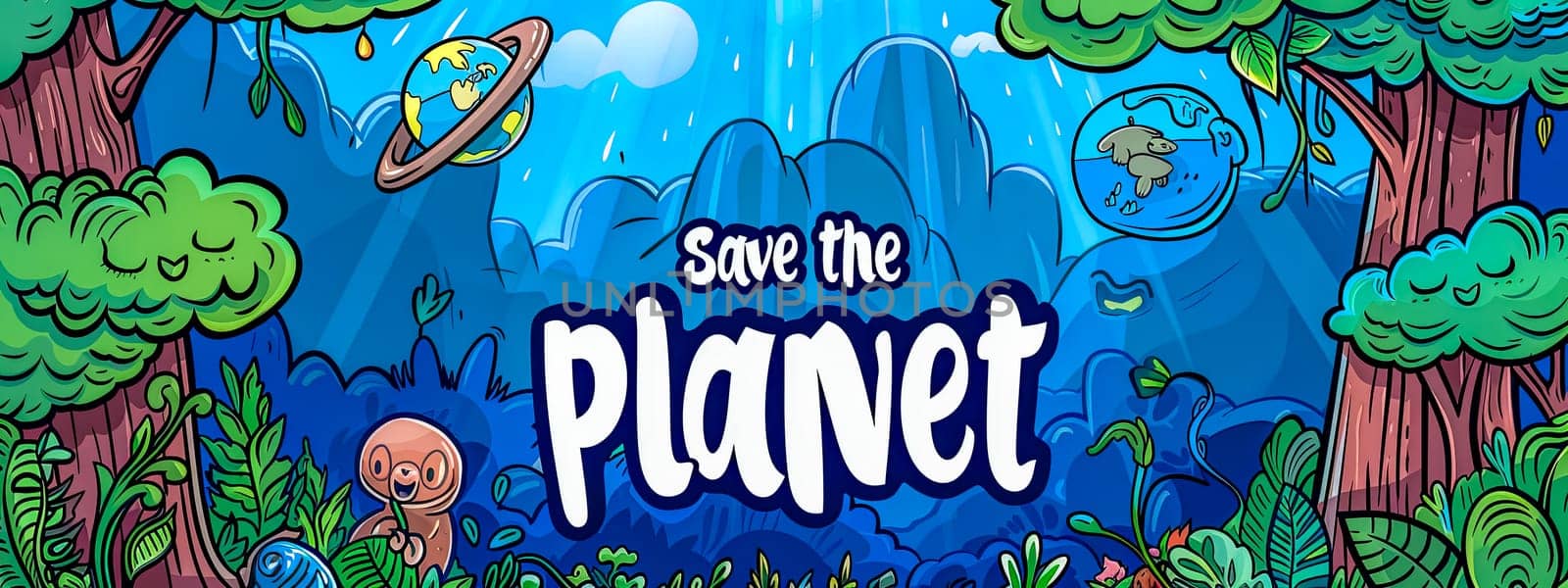 Vibrant cartoon depicting environmental conservation with trees, animals, and earth
