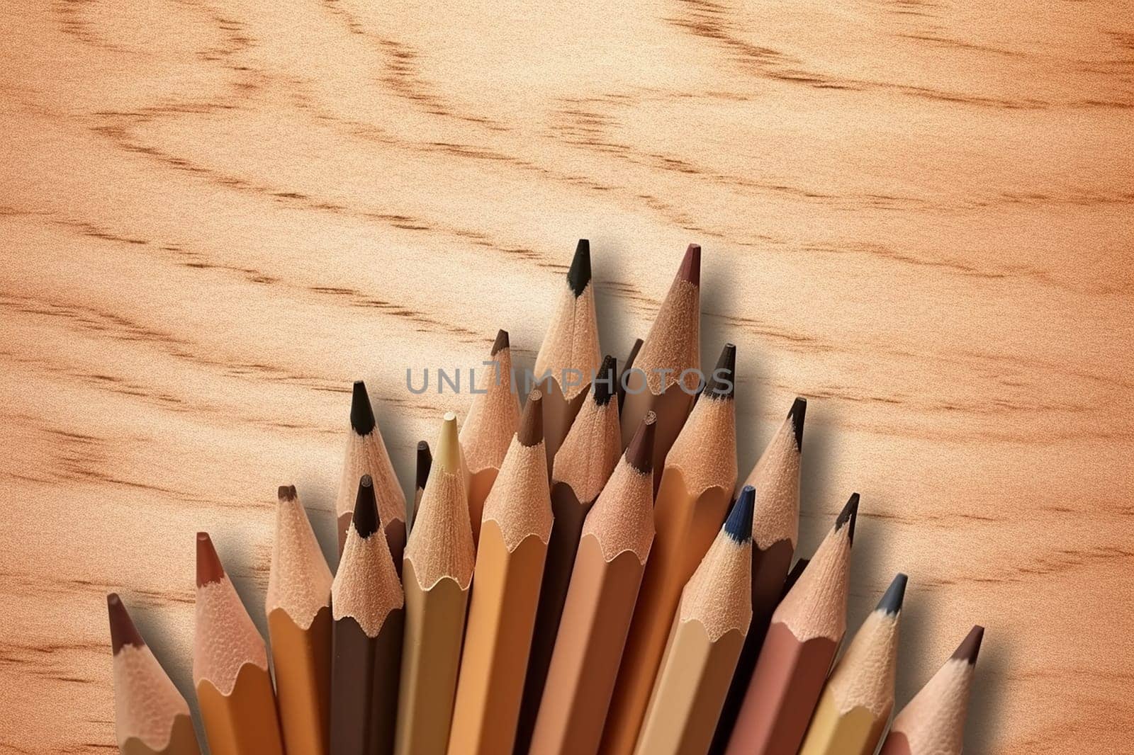 A collection of sharpened pencils arranged on a wooden surface.