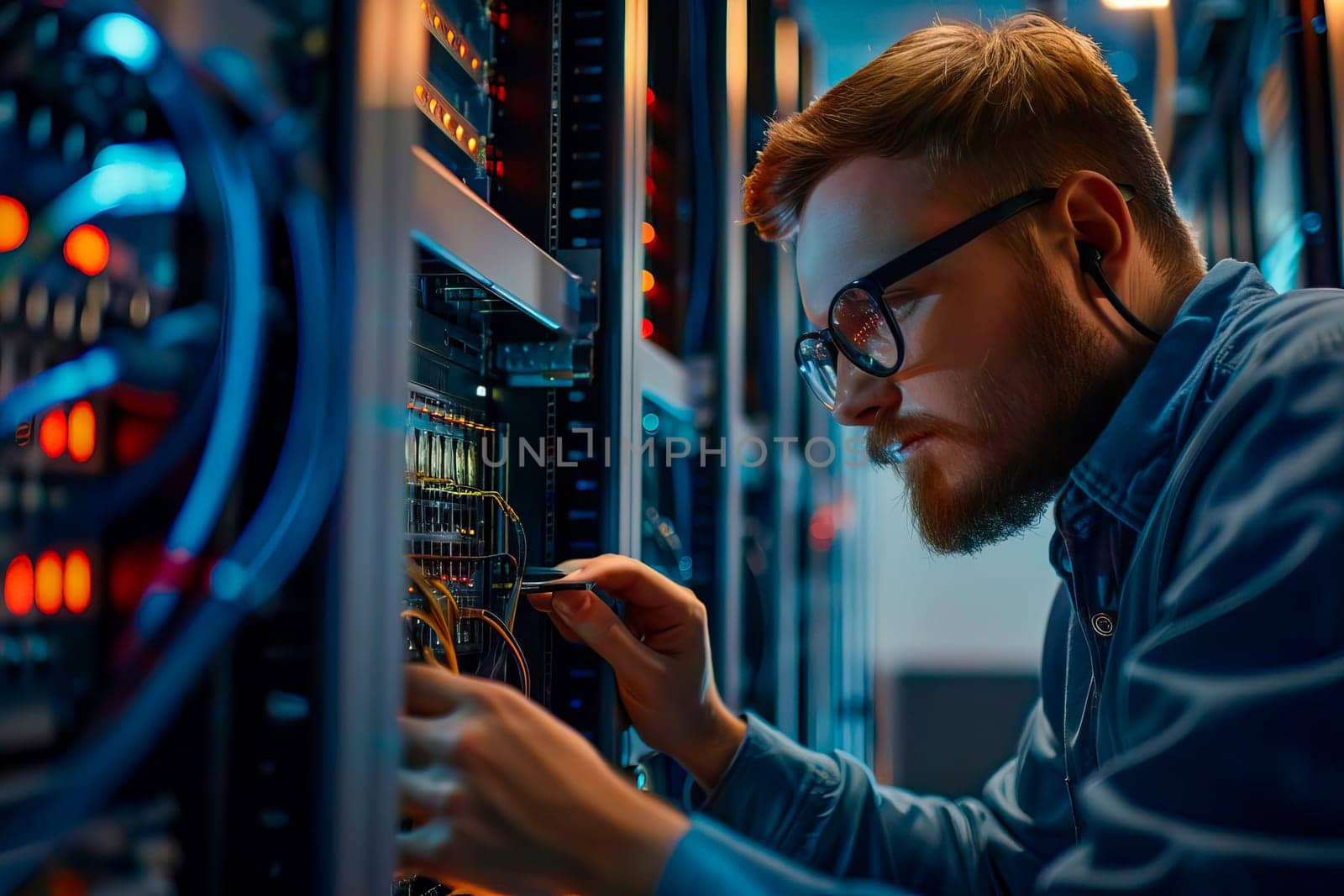 A professional IT specialist wearing glasses is actively working on a server.