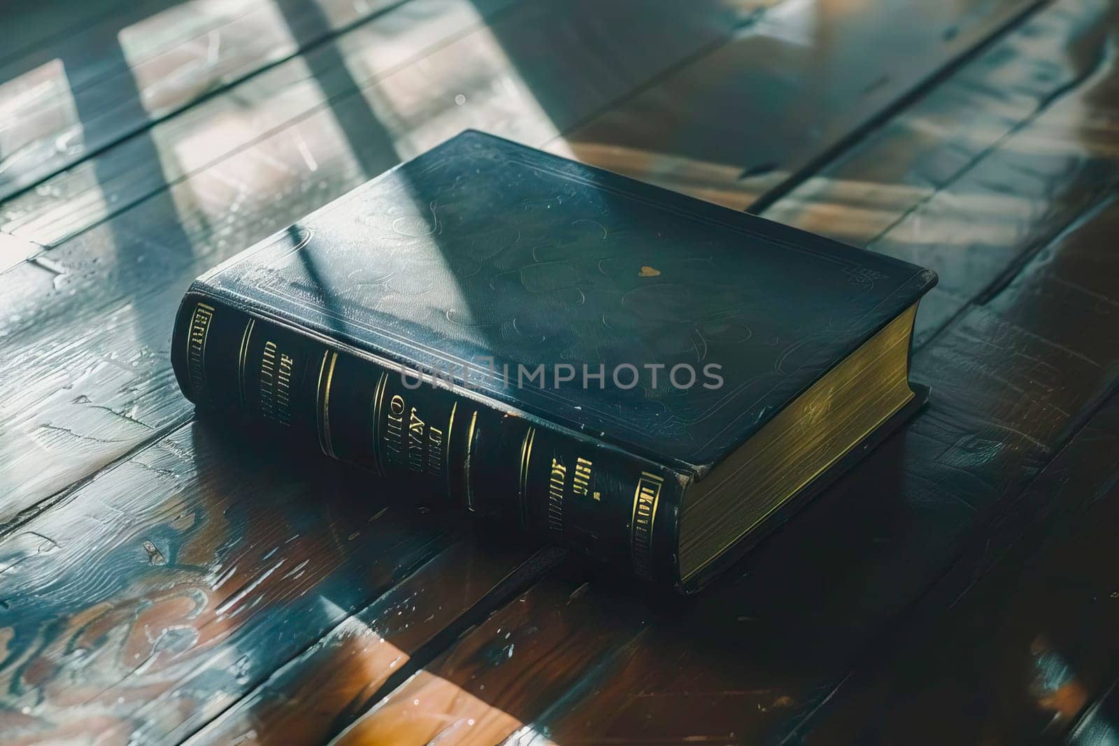 A book, likely a Holy Bible, placed on top of a wooden table.