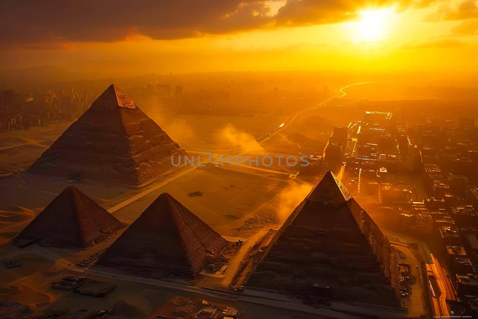 The iconic Pyramids of Giza captured from above during a picturesque sunset.
