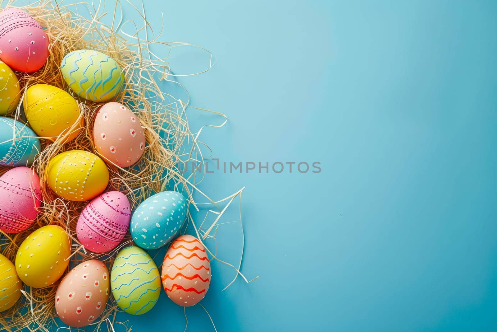 A basket filled with vibrant Easter eggs painted in various colors placed on a blue background by vladimka