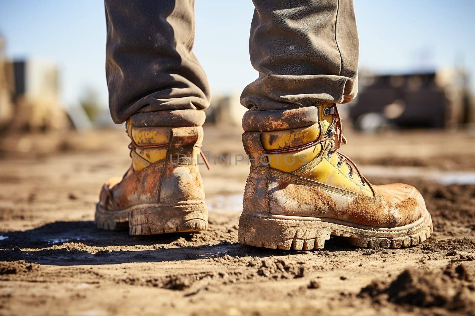 Close-up of dirty men's boots in production.