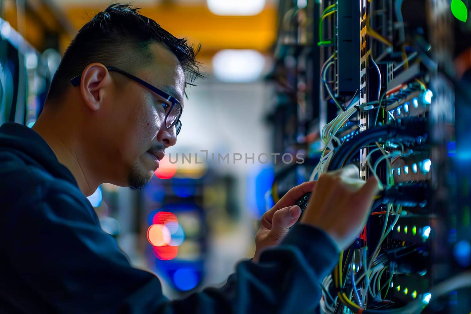 Professional IT specialist working on a server in a server room, connecting cables and managing hardware.