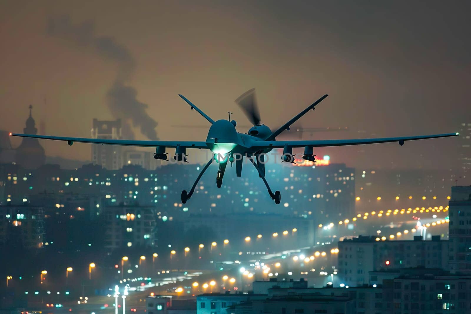 A military plane flies over a city at night, showcasing its powerful presence and surveillance capabilities. by vladimka