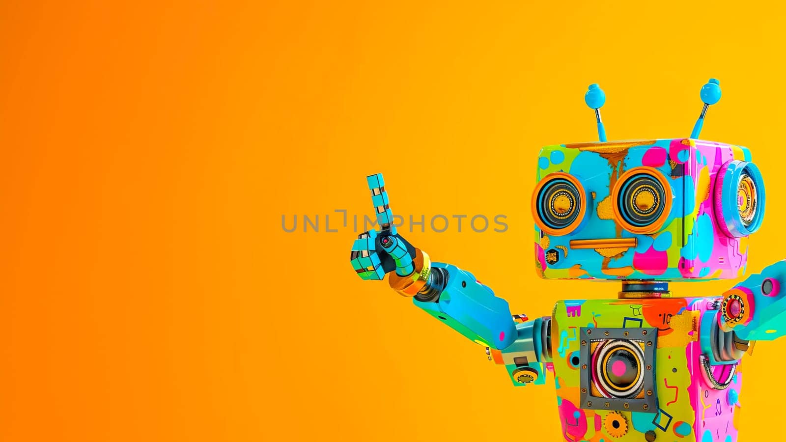A cute, colorful robot pointing at something with its outstretched arm.