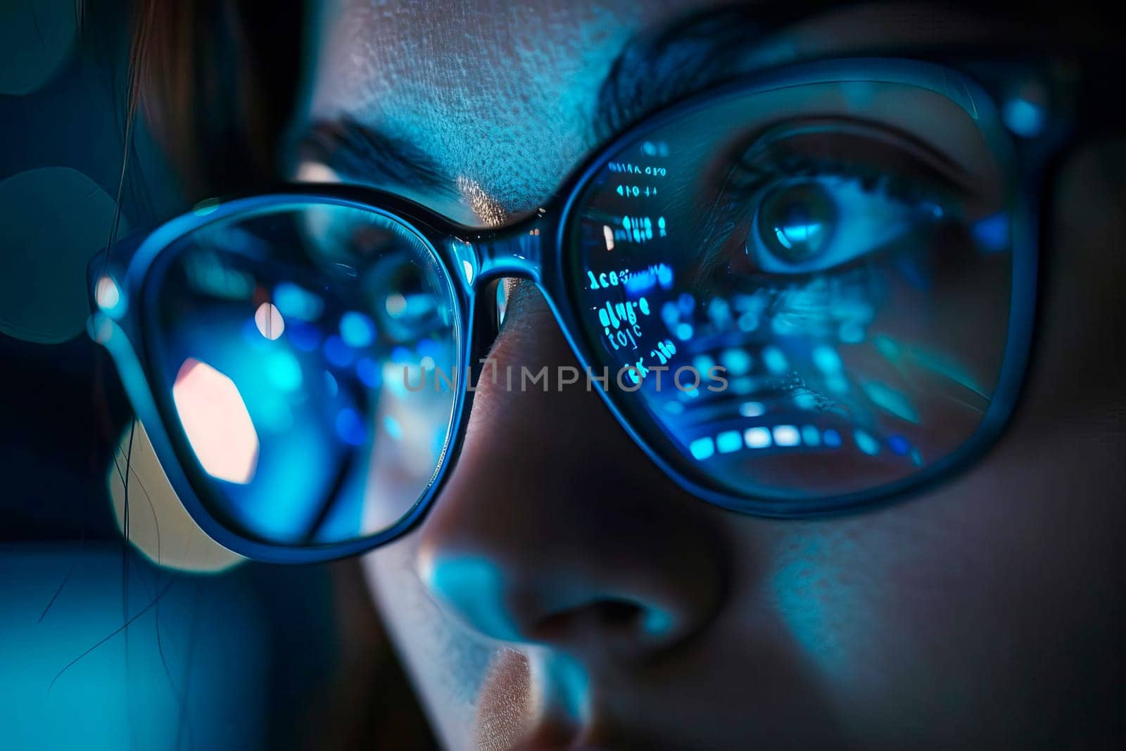 Close-up view of a persons face with eyes focused on a computer monitor, wearing glasses. by vladimka
