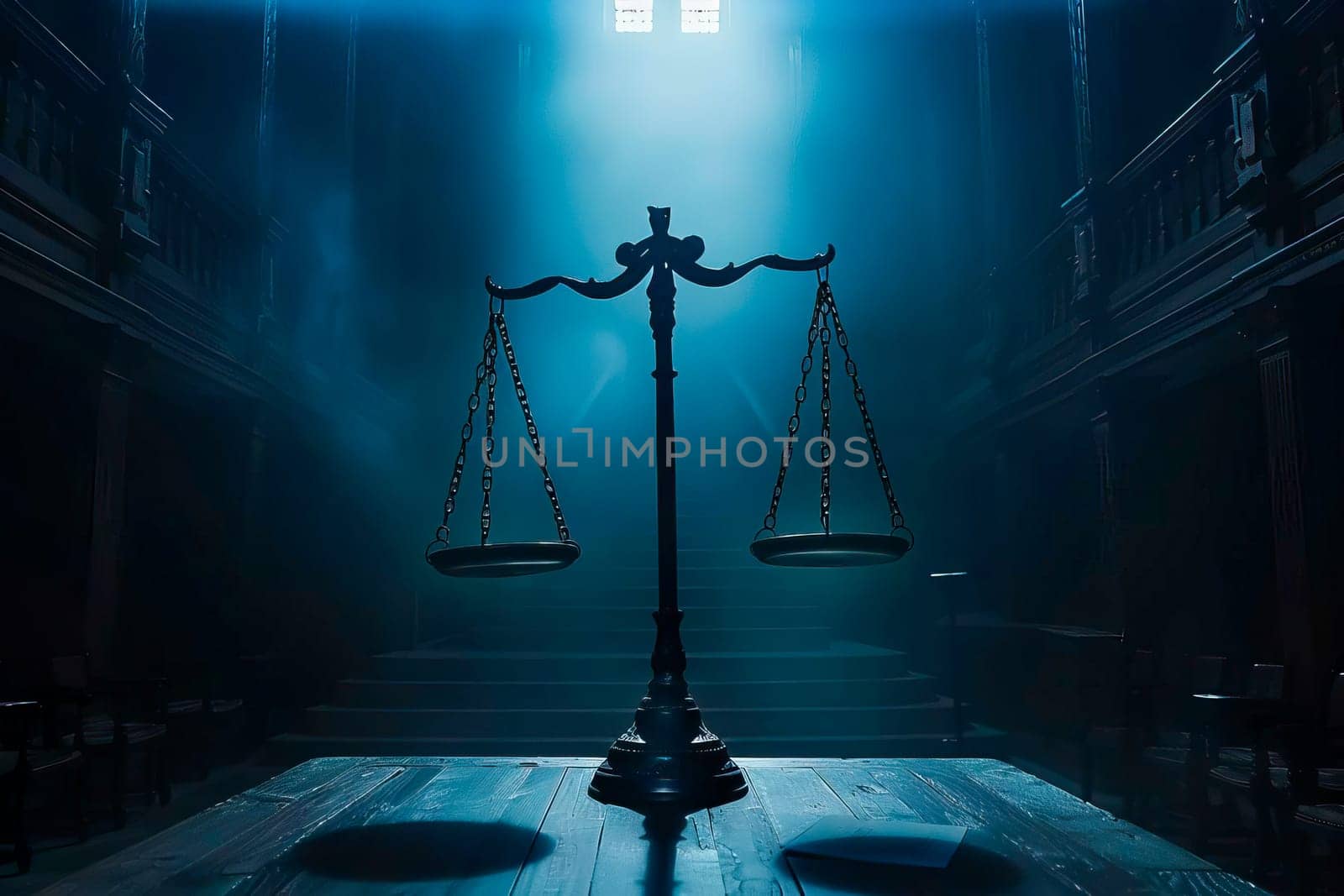 Scales of justice are prominently displayed in a dimly lit courtroom.