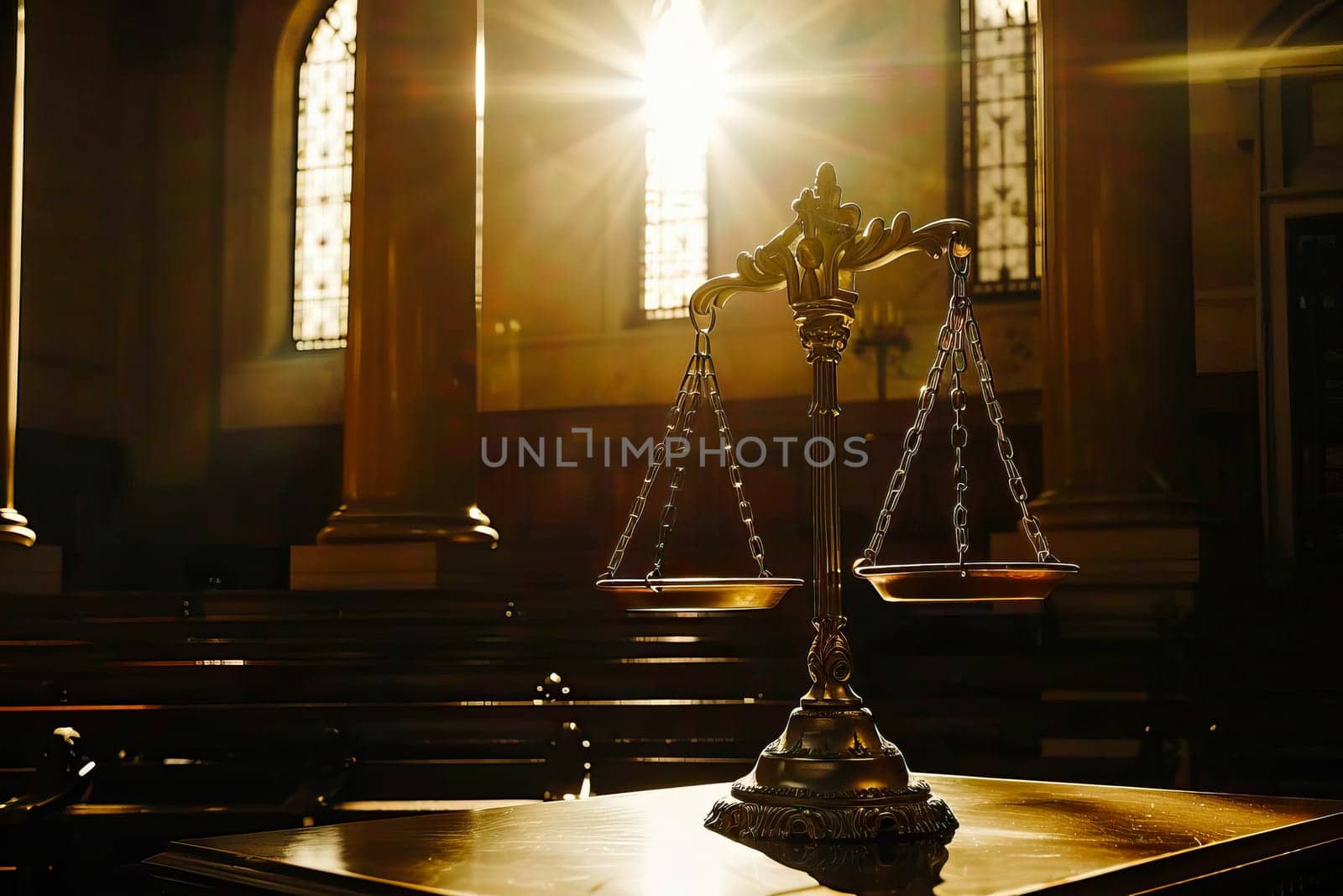 Scale of justice symbol resting on a plain wooden table in a court hall.
