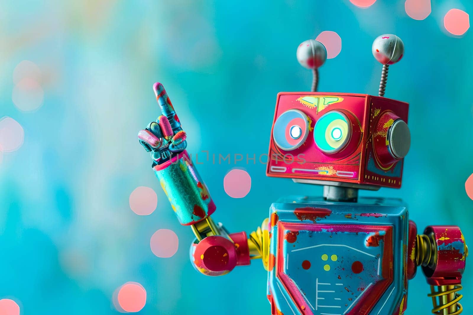 A colorful cute toy robot is pointing at something