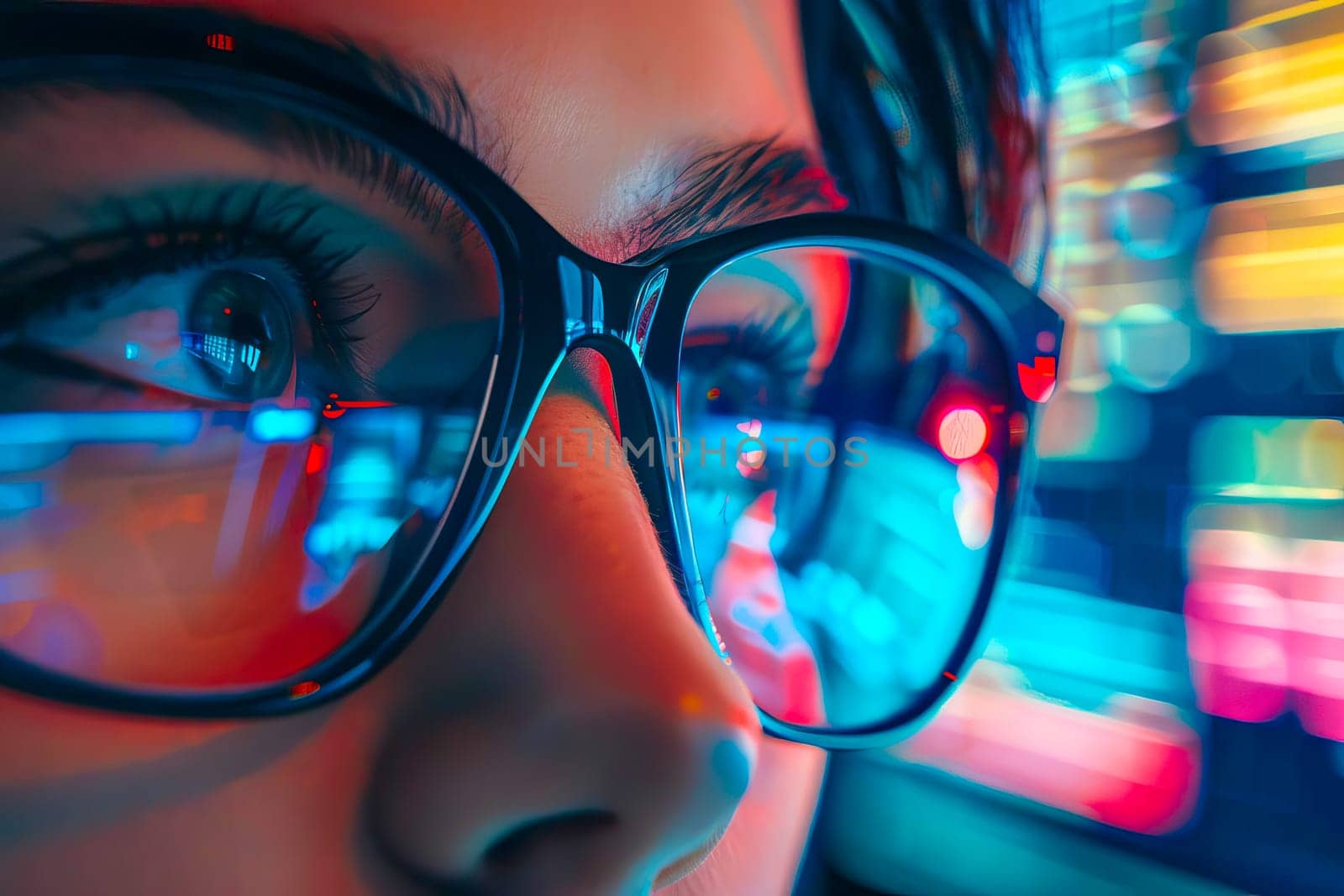 Close up view of a persons face wearing glasses, with a computer monitor reflecting in the lenses.